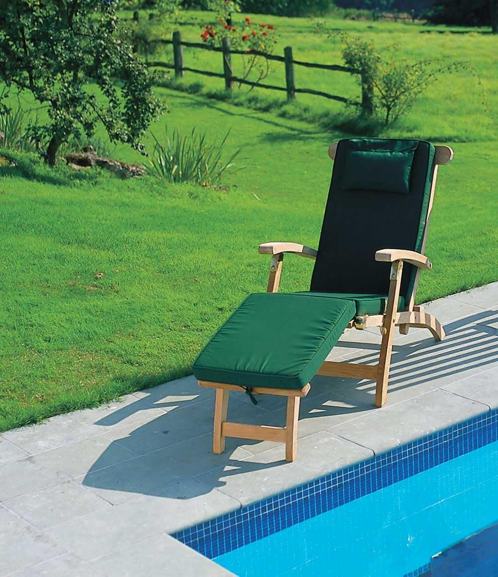 Teak Steamer Chair with Cushion Foldable Green Recliner