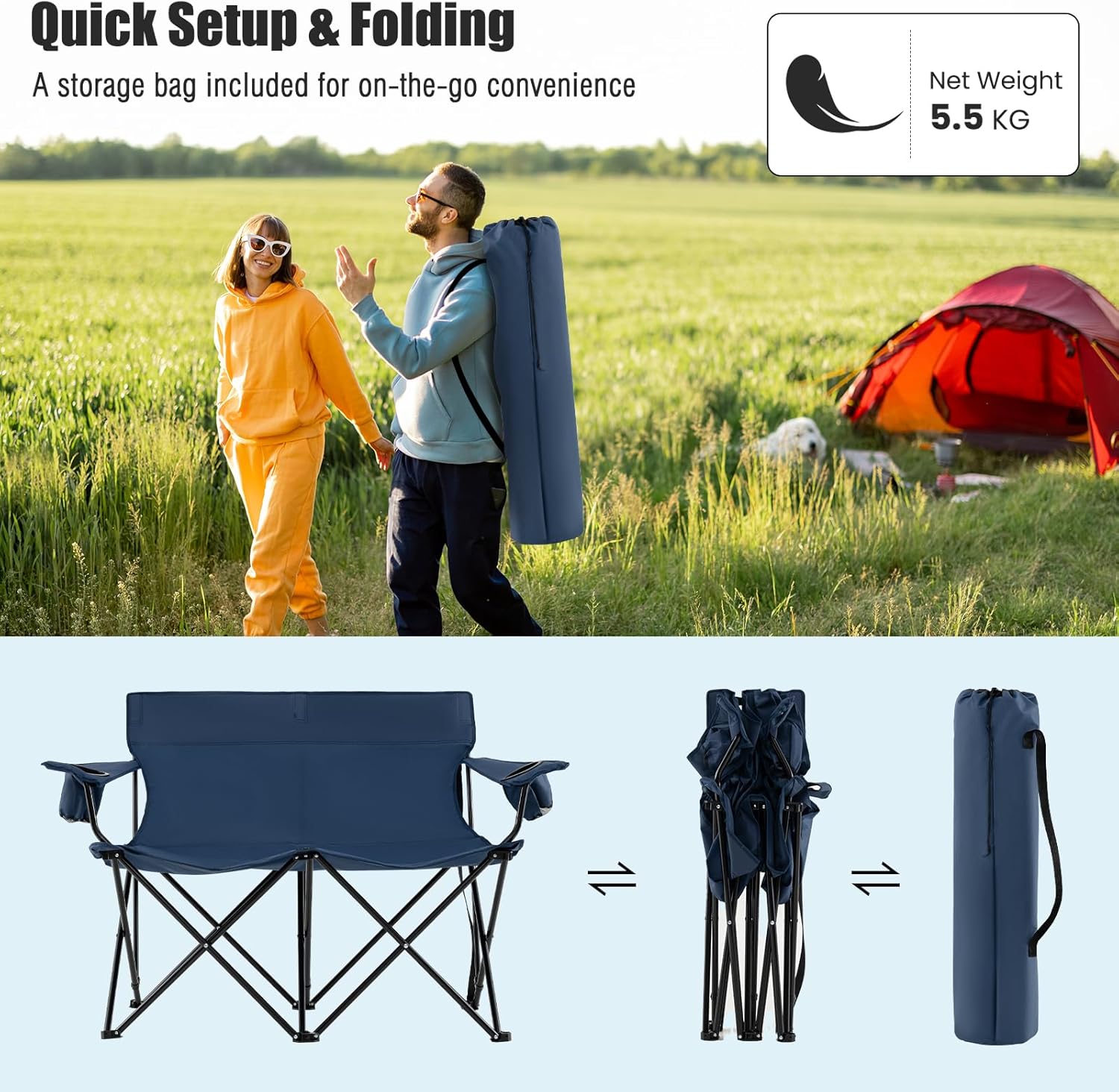 Double Camping Loveseat Chair 300KG Foldable Blue