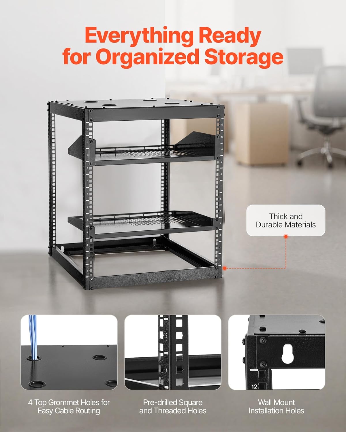 12U Open Frame Network Rack Wall Floor Mount Black