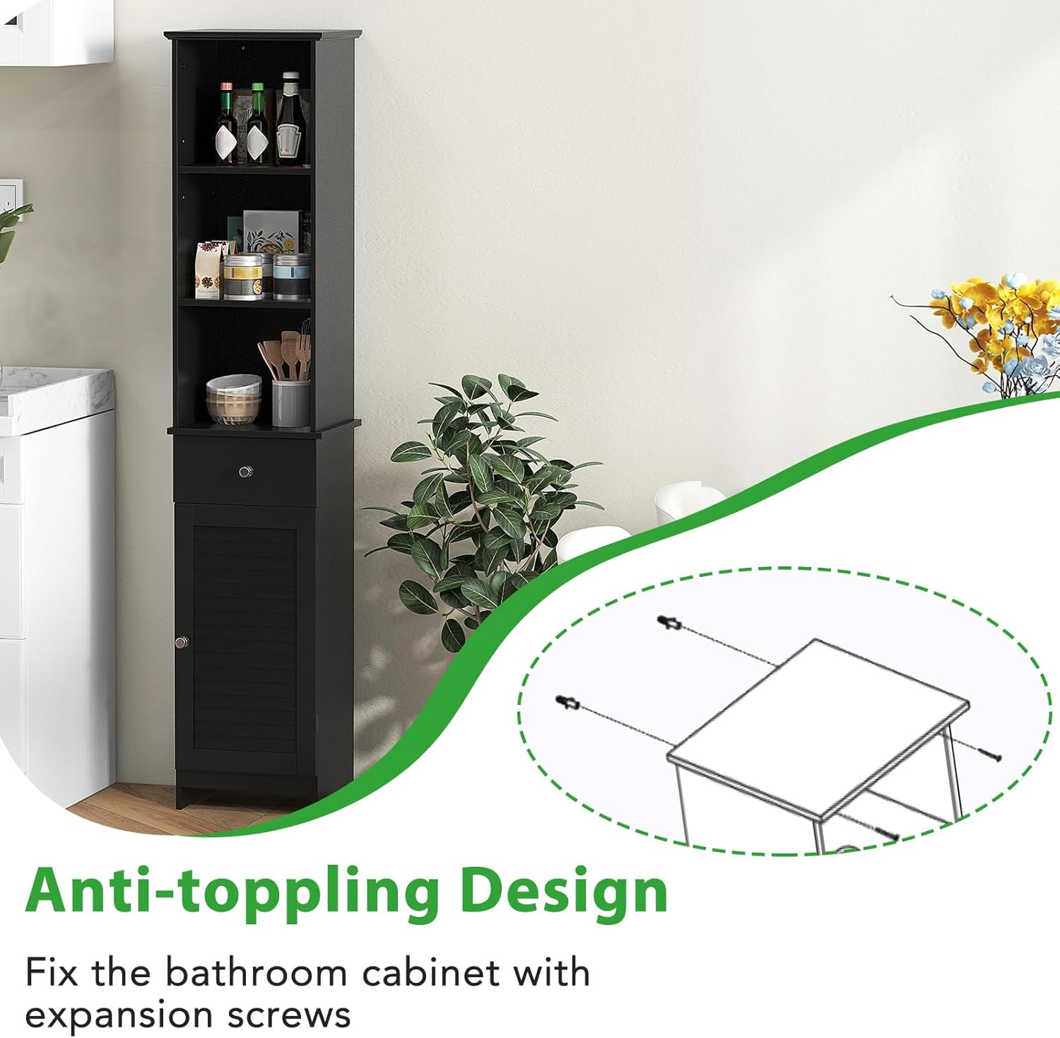 Slim Bathroom Tall Cabinet Drawer Shelf Cupboard Black
