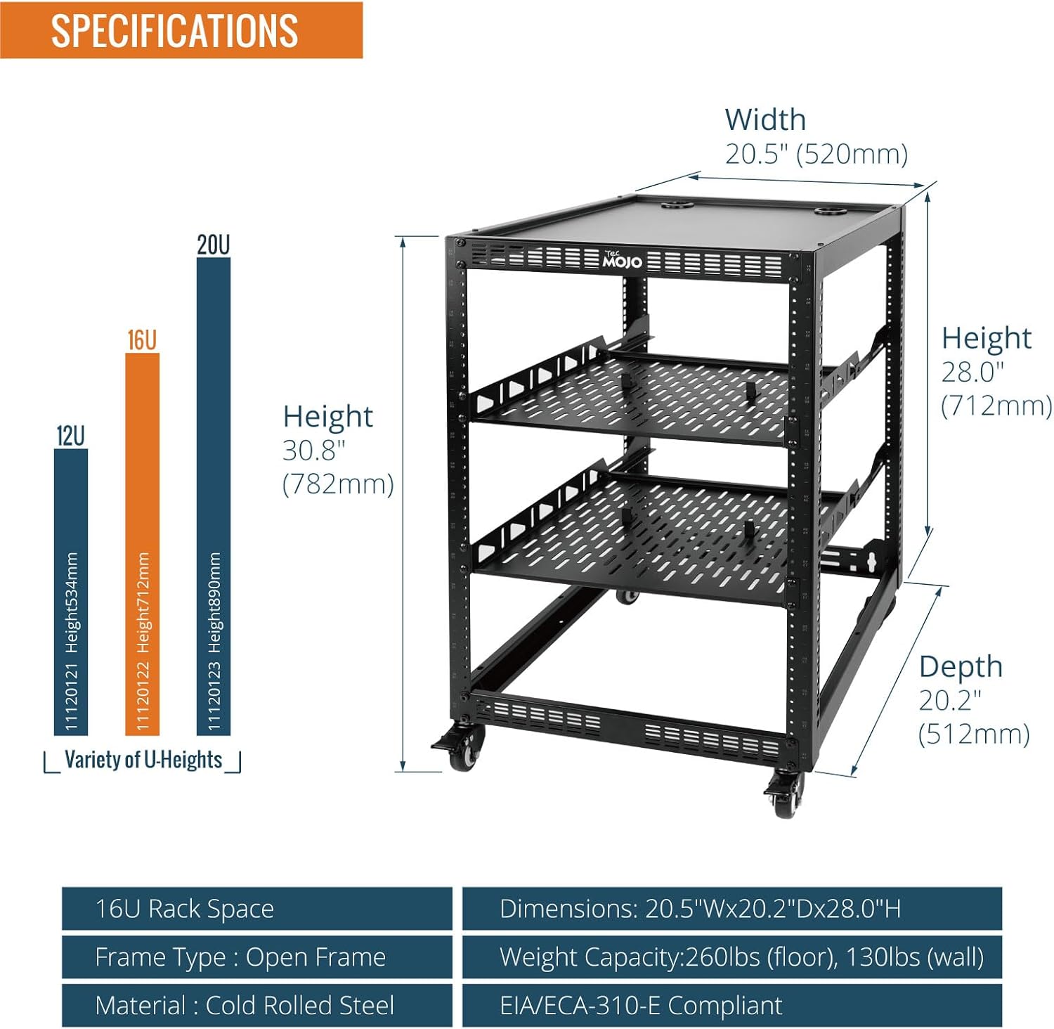 16U Open Frame Network Rack with Wheels 4 Post AV Stand