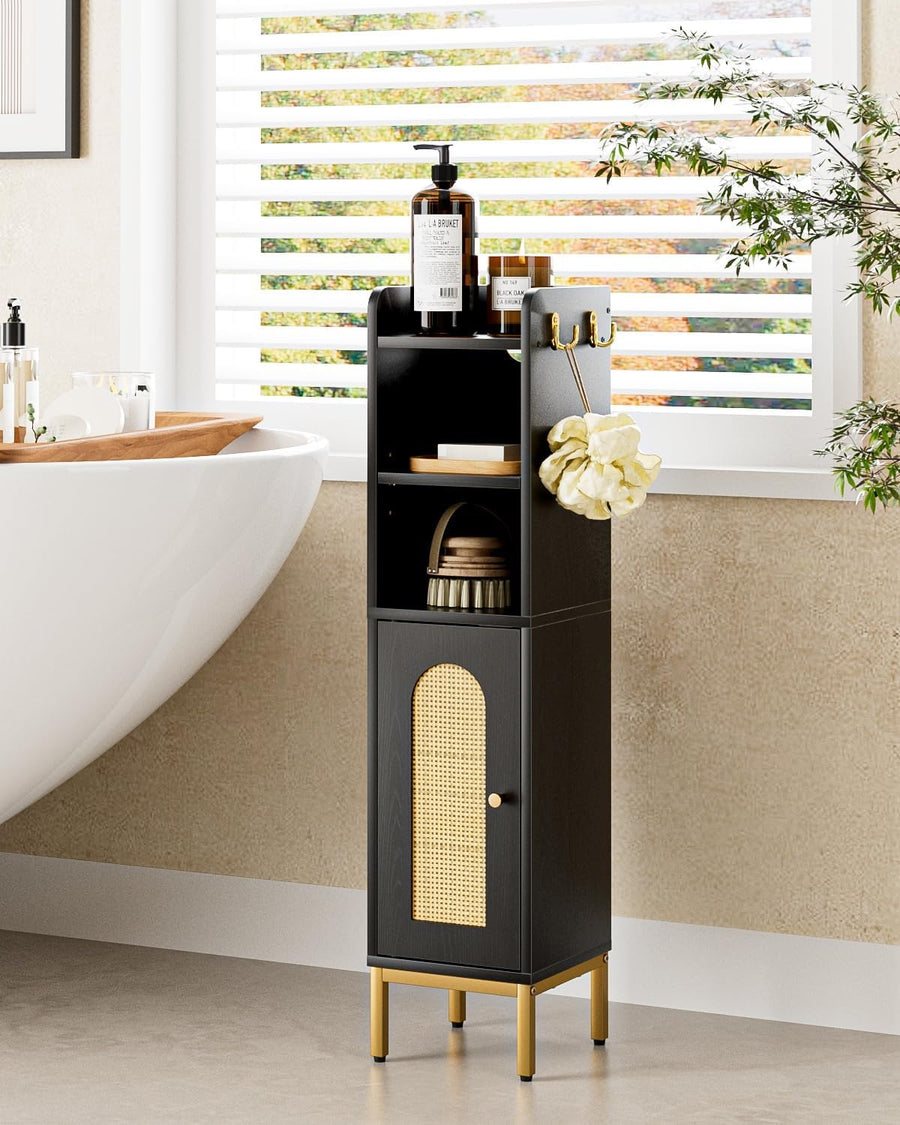 Slim Bathroom Storage Cabinet Door Black Rattan Freestanding