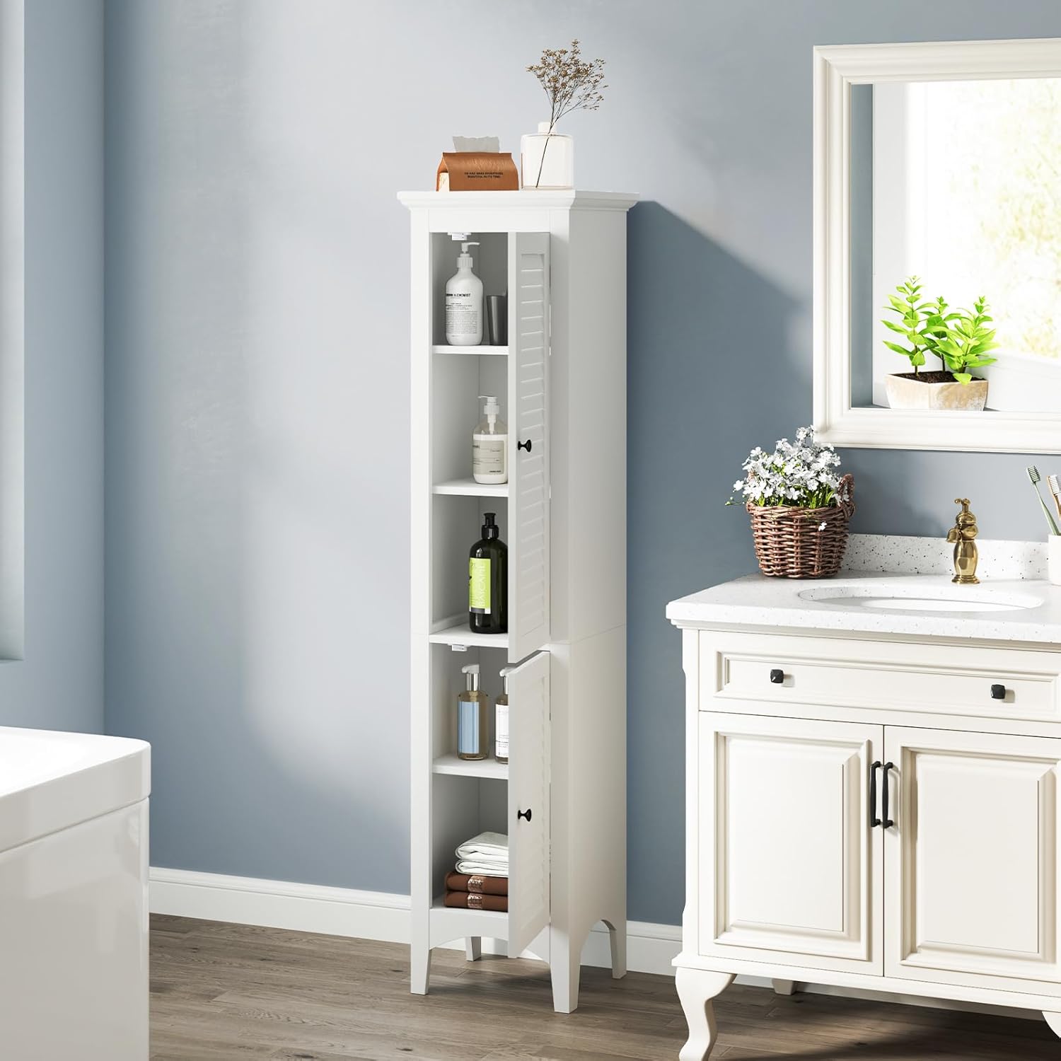 Tall Bathroom Storage Cabinet White 2 Door Shelf Unit