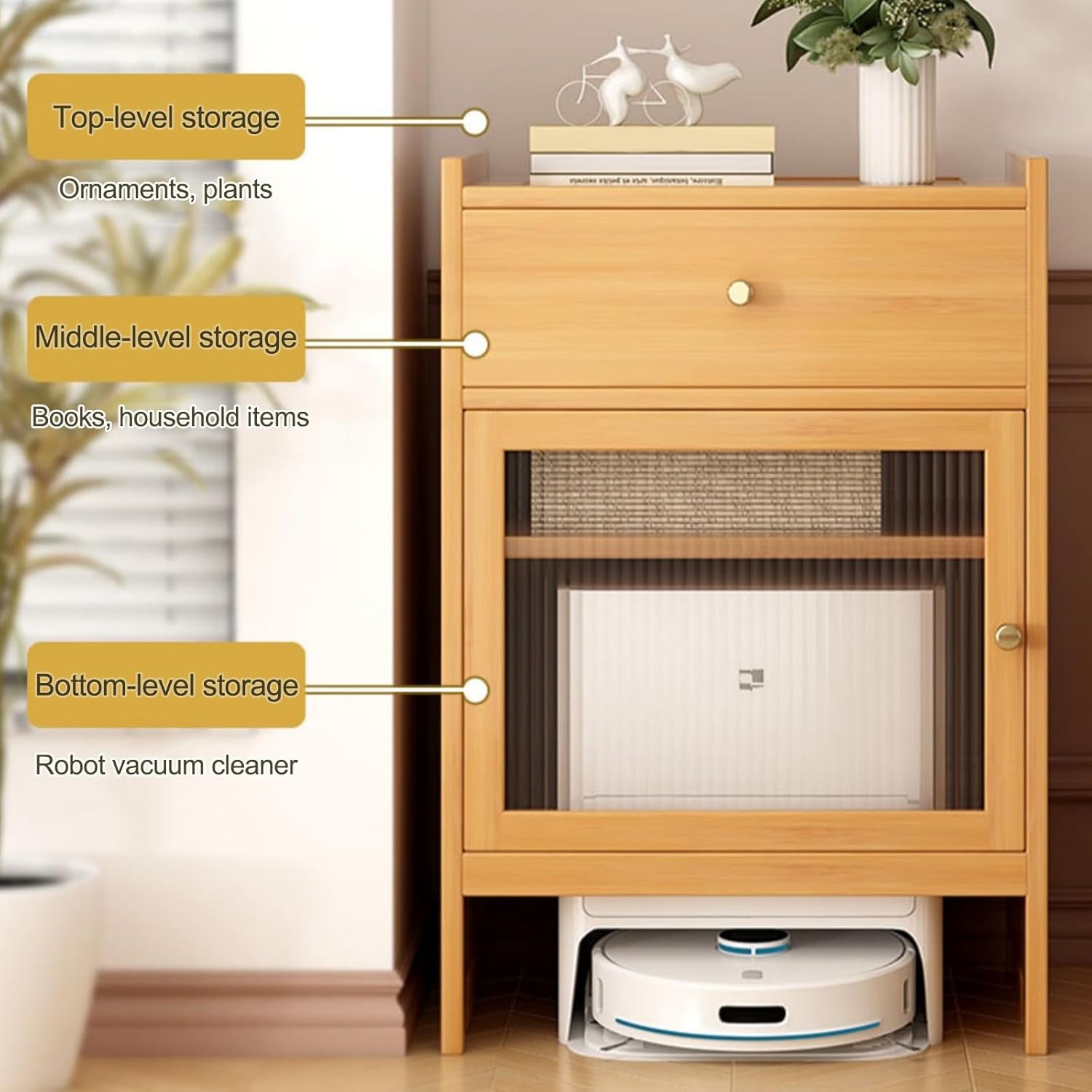 Robot Vacuum Storage Cabinet Bamboo Side Table Glass Door Drawer