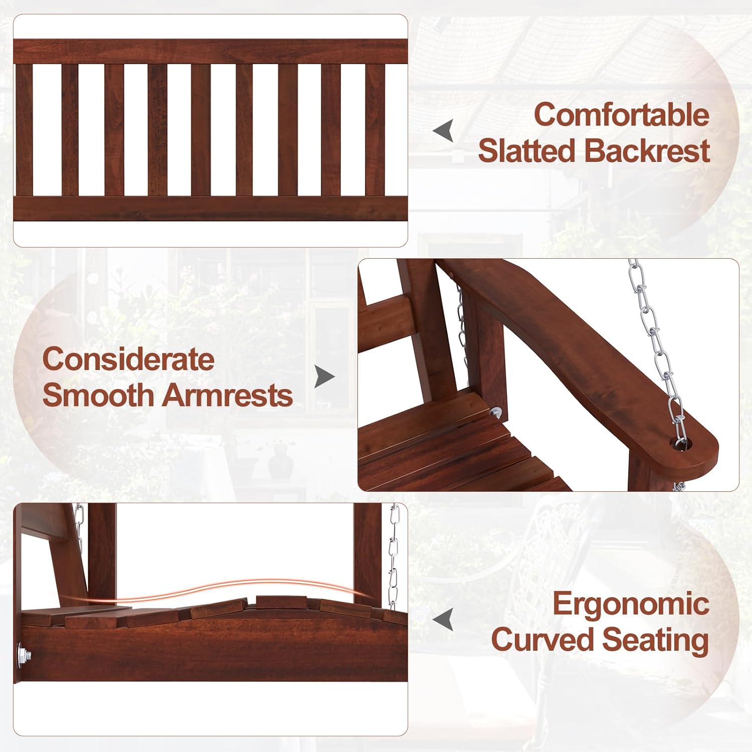 2 Seater Wooden Garden Swing Bench Hanging Patio Seat Brown