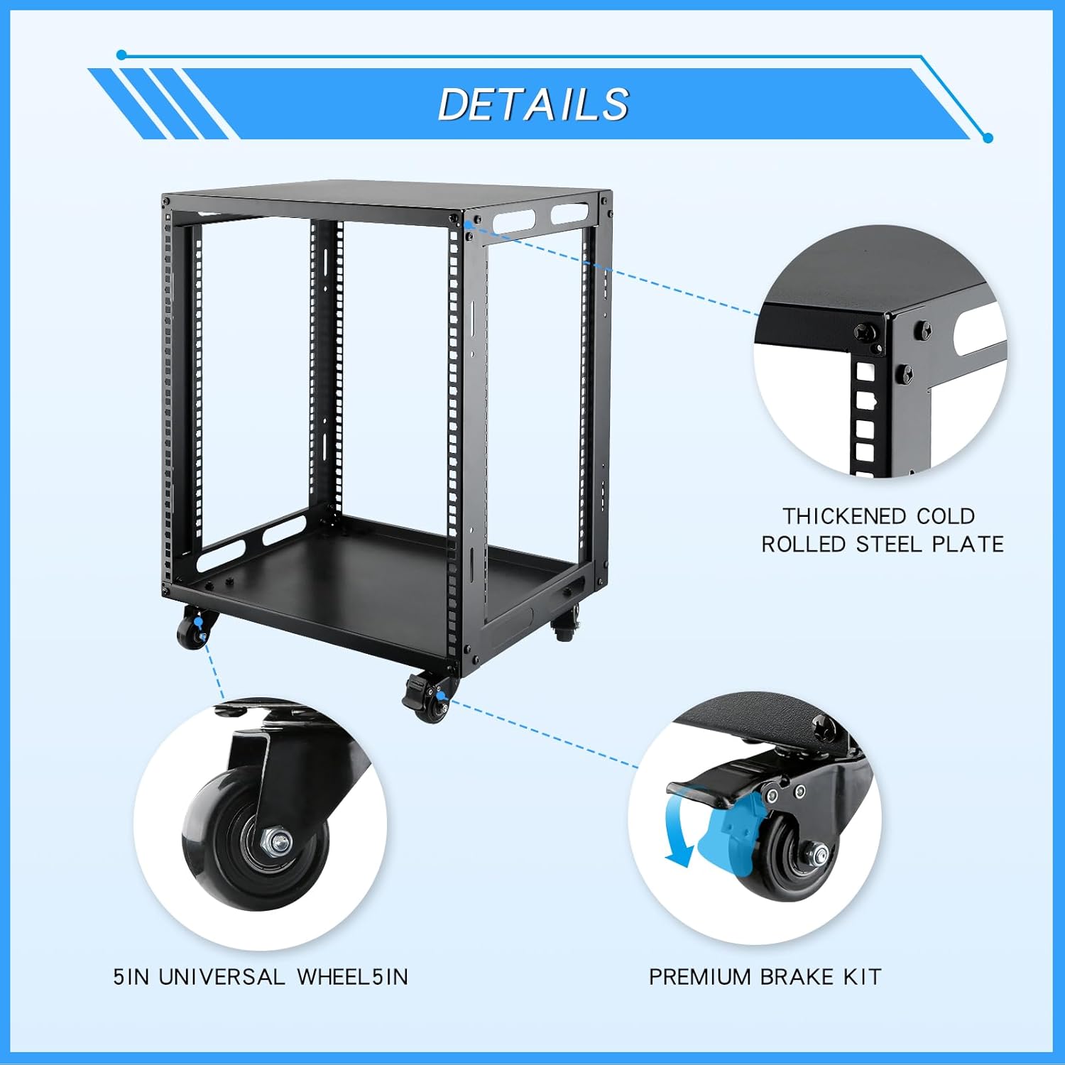 12U Open Frame Server Rack with Wheels 4 Post Mobile Stand