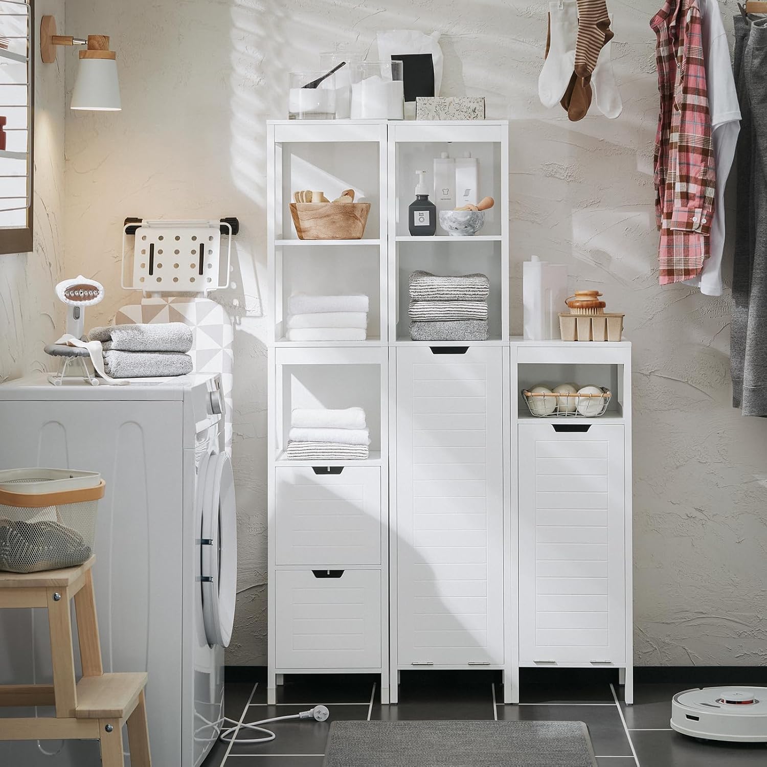 Slim Bathroom Storage Cabinet Laundry Basket Tall Shelf Unit White