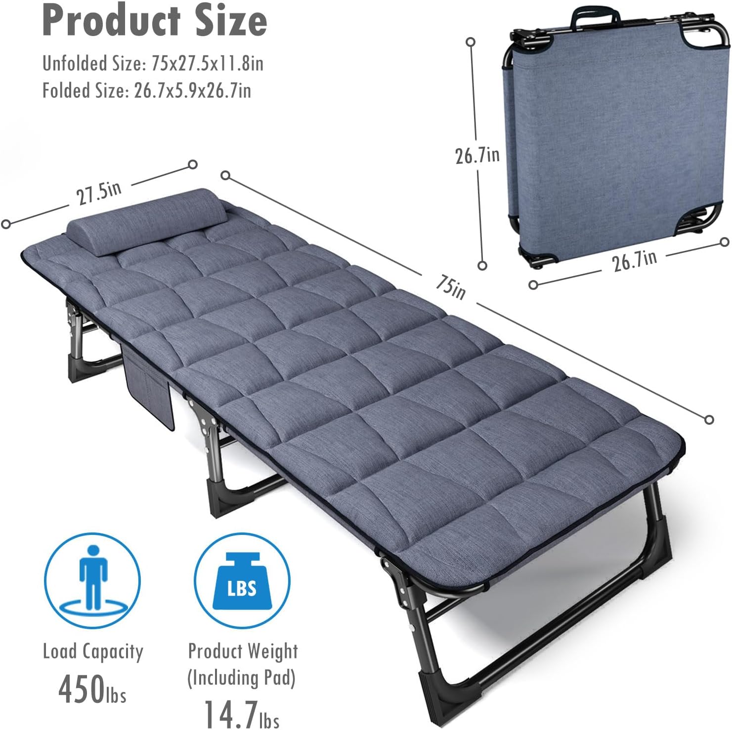 Foldable Sun Lounger Reclining Camping Bed Blue 200kg