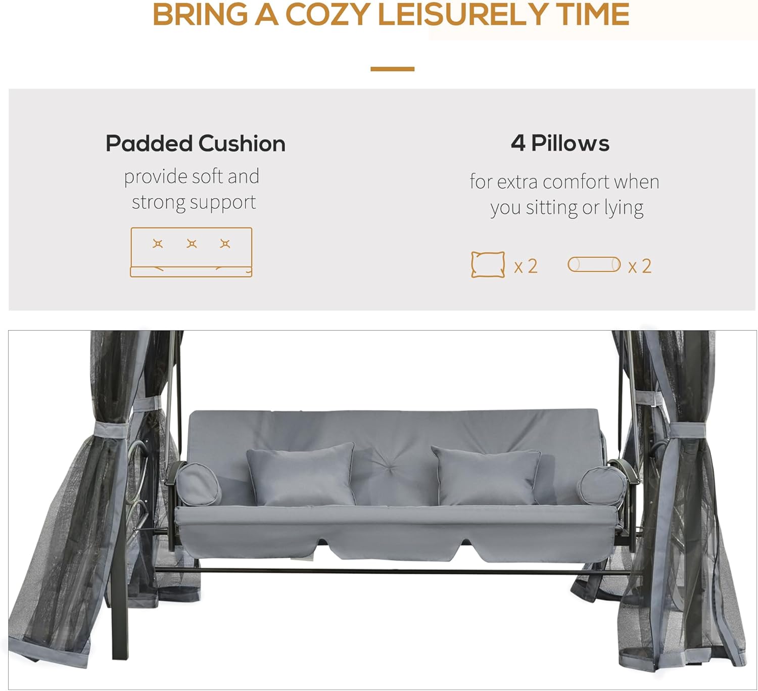 3 Seater Convertible Swing Chair Bed Gazebo Grey