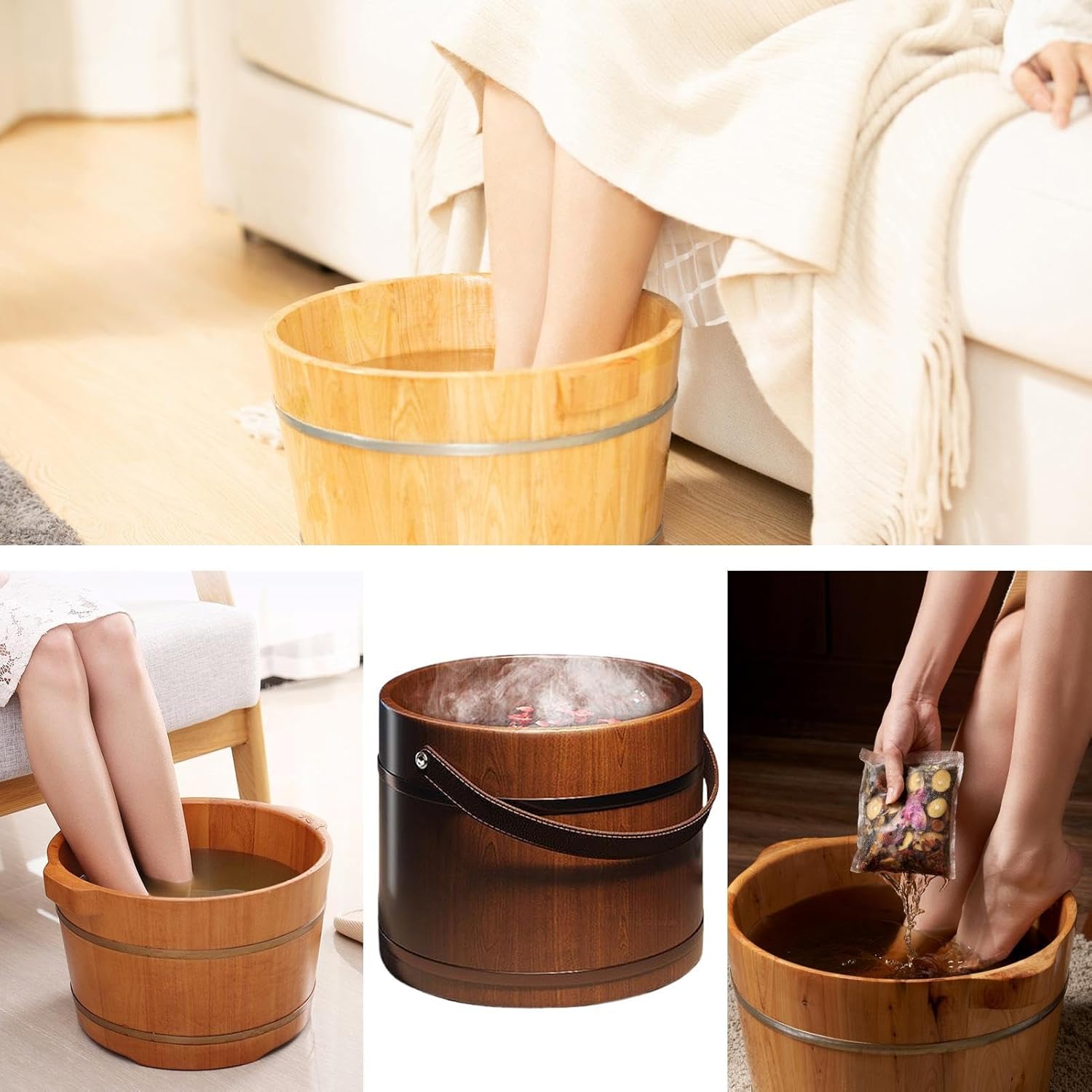 Wooden Foot Bath Bucket Massage Roller Spa Soak Tub Cedar