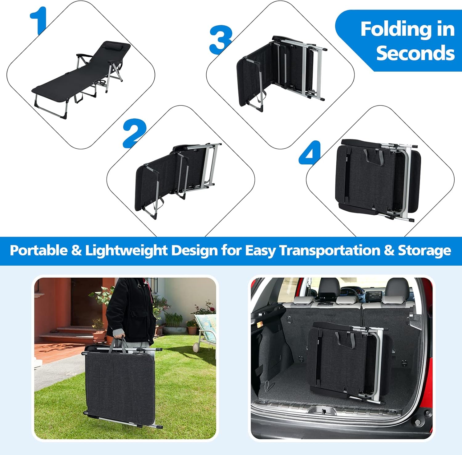 Folding Sun Lounger 7 Position Reclining Chair Cup Holder Black