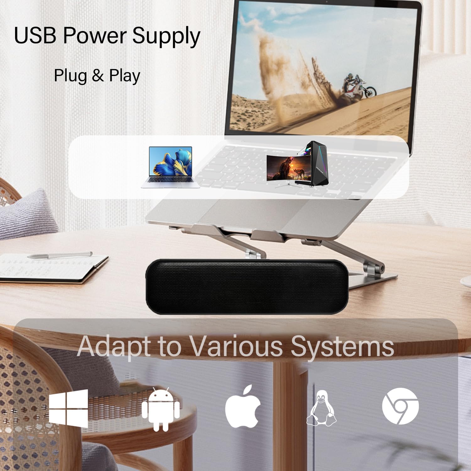USB Computer Soundbar Speaker Plug & Play Mini Desktop PC Laptop