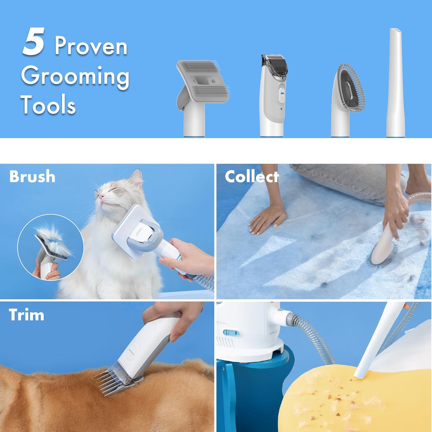 Dog Cat Grooming Kit Vacuum 15000Pa 2L Clippers Silent 5 Tools