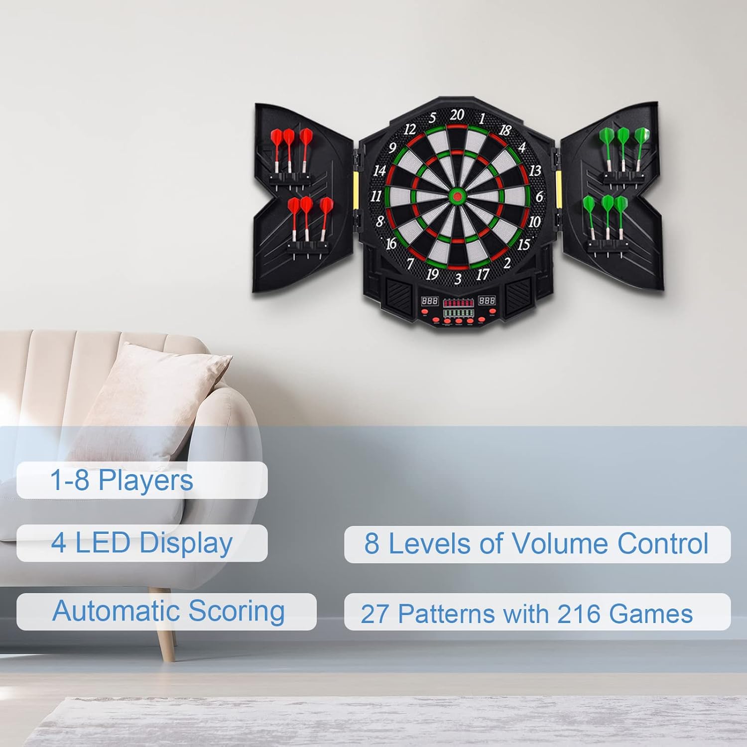 Electronic Dartboard Cabinet LED Auto Scoring 216 Games 12 Darts