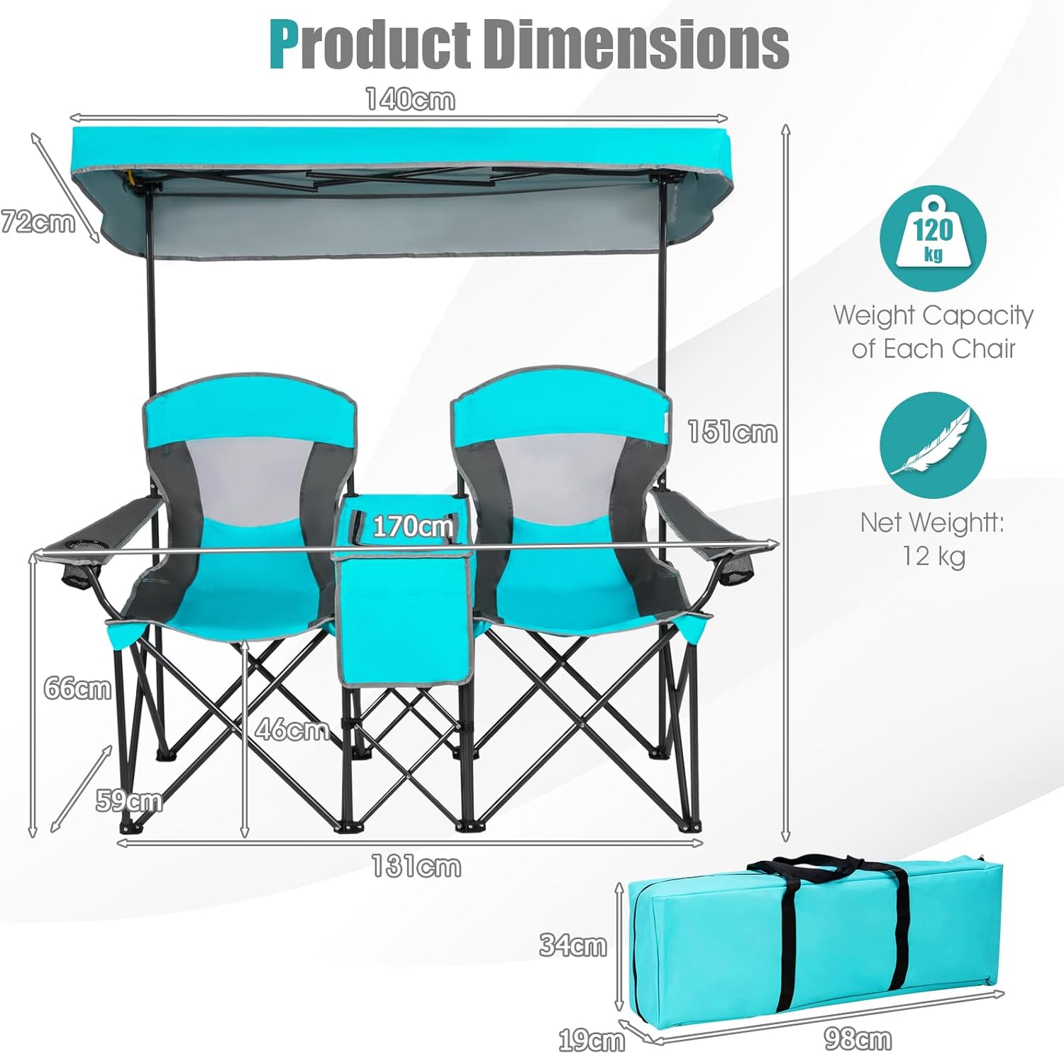 Double Camping Chair with Canopy Cooler Bag Cup Holders