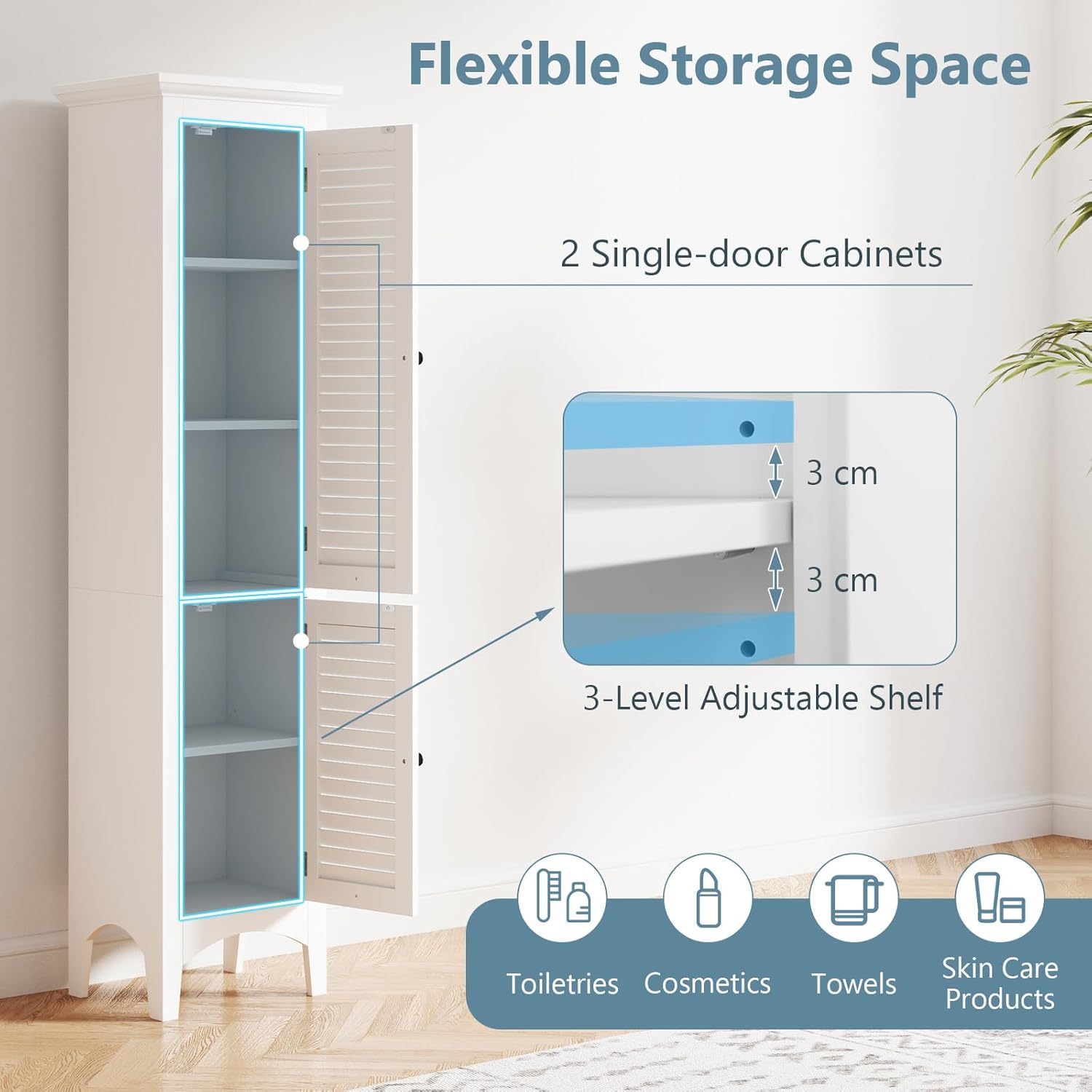 Tall Bathroom Storage Cabinet White 2 Door Shelf Unit