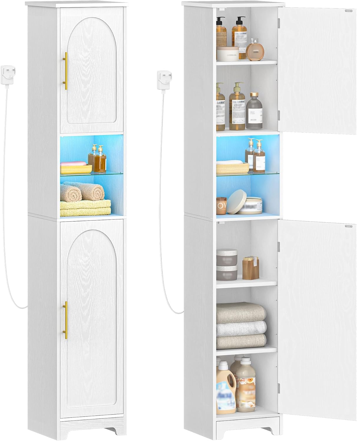 LED Tall Bathroom Storage Cabinet Remote Light Slim White 170cm