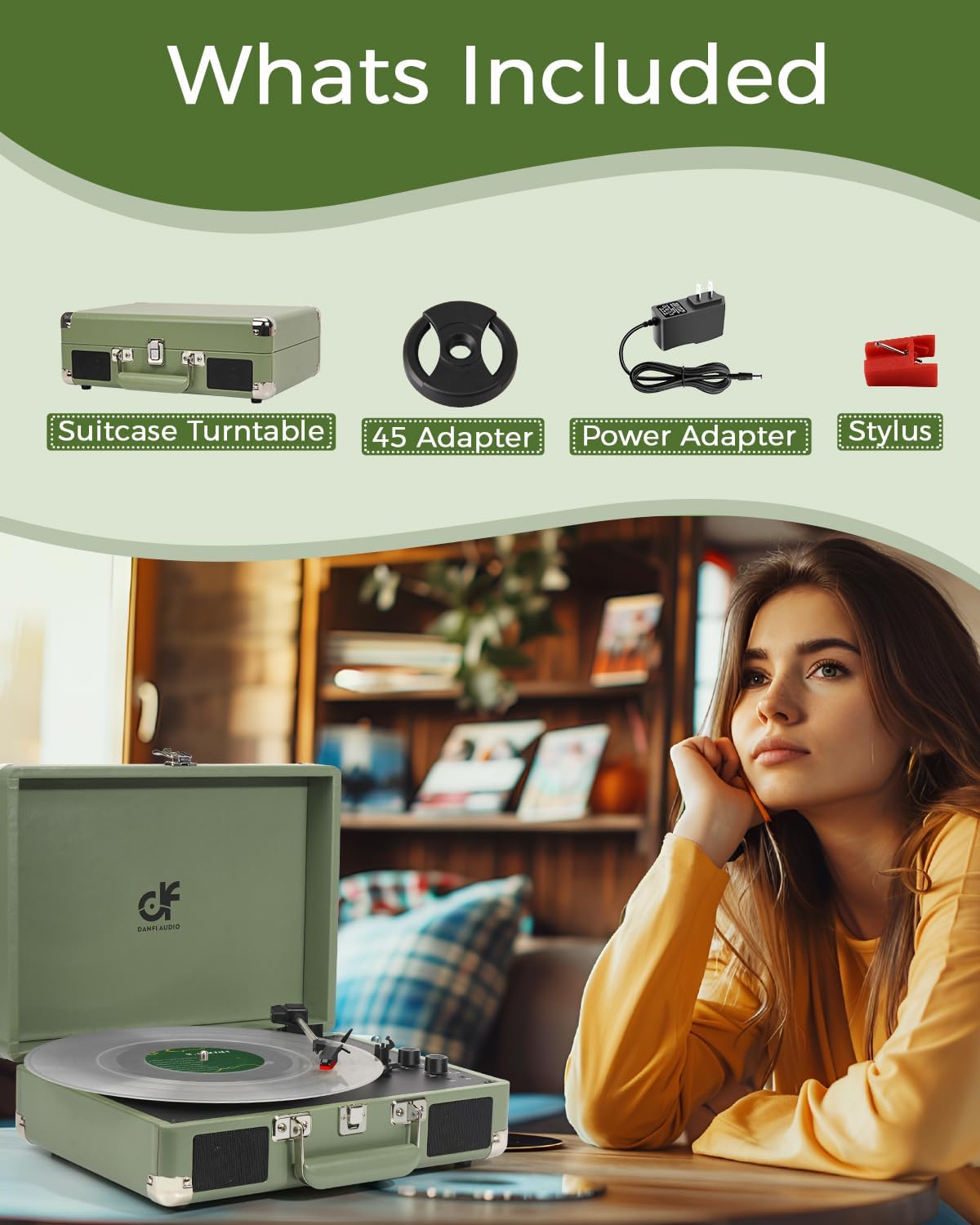 Portable Suitcase Record Player 3 Speed Sage Green