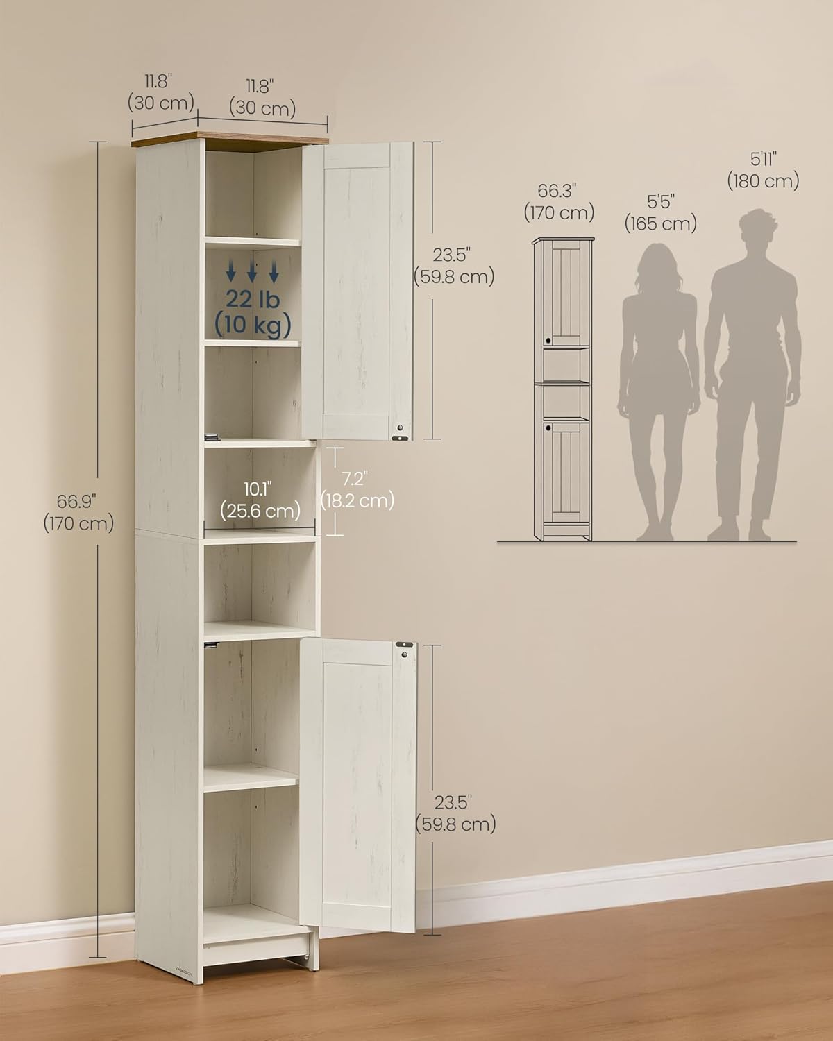 Slim Tall Storage Cabinet Rustic White Adjustable Shelves 170cm