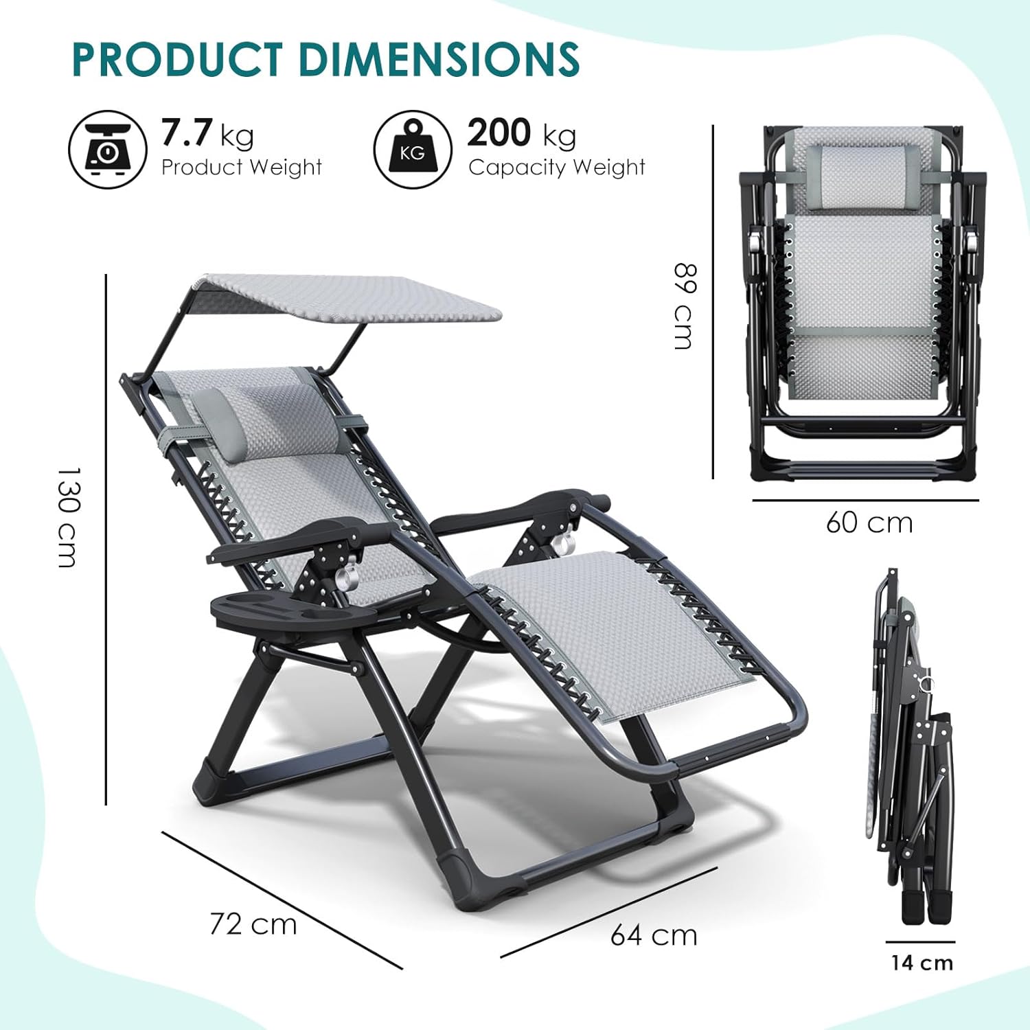 Zero Gravity Lounge Chair Foldable Recliner Canopy Cup Holder Grey