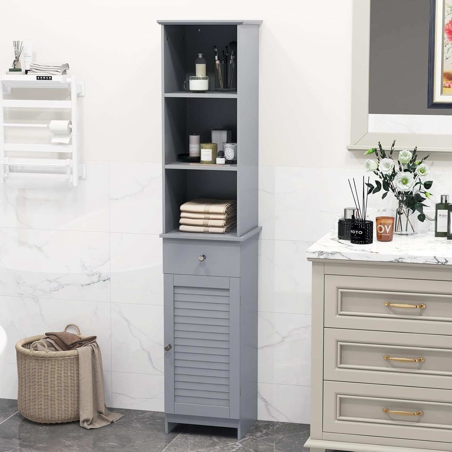Slim Bathroom Tall Cabinet Drawer Door Shelf Unit Grey