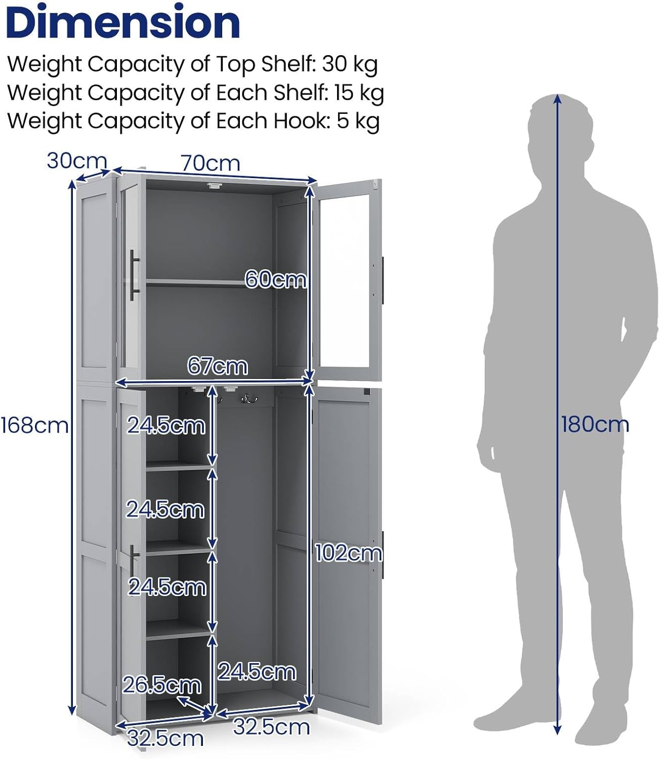 Tall Storage Cabinet Grey Adjustable Shelves Hook Unit