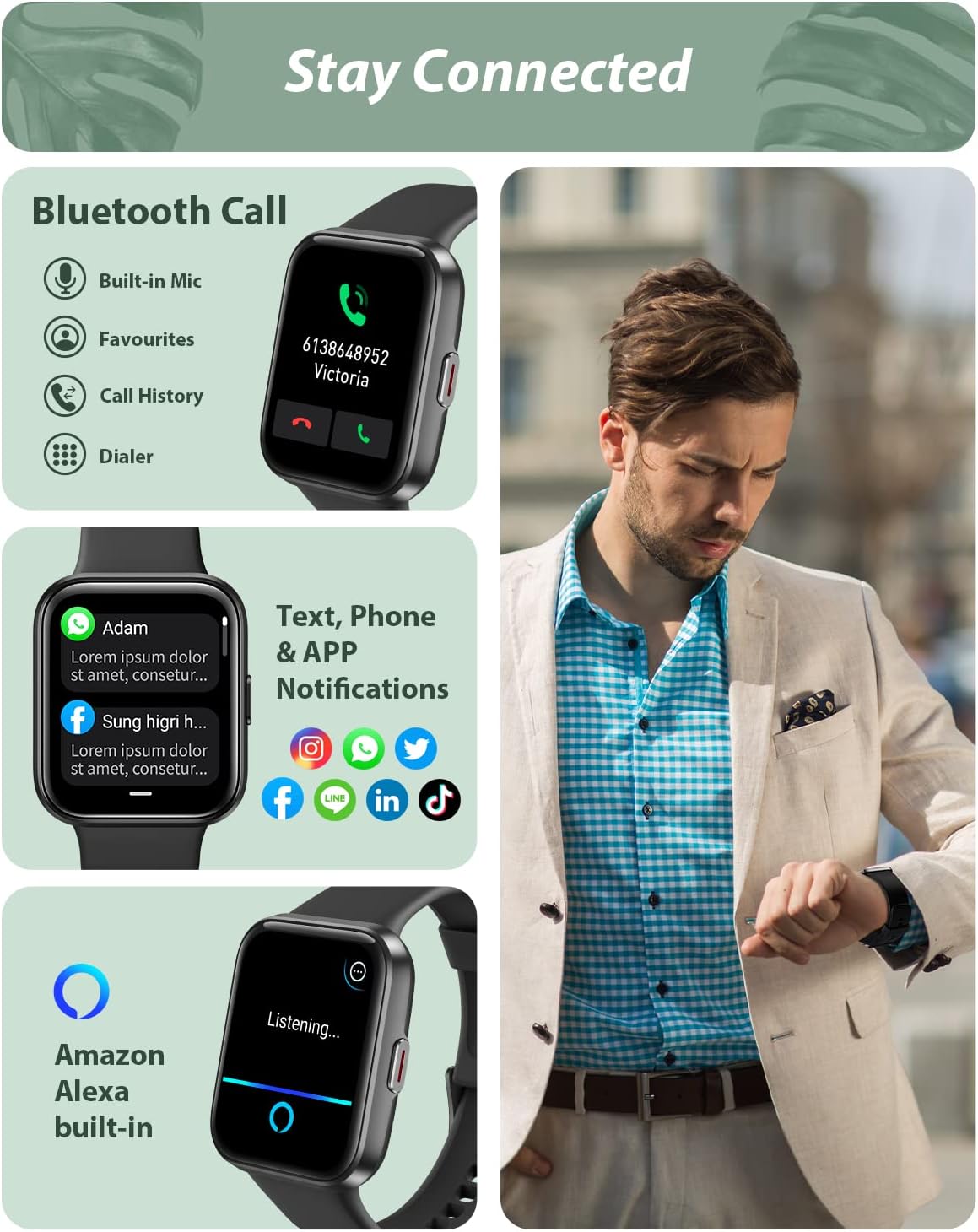 Smart Watch Bluetooth Calling Alexa Fitness Tracker 120 Sports Waterproof