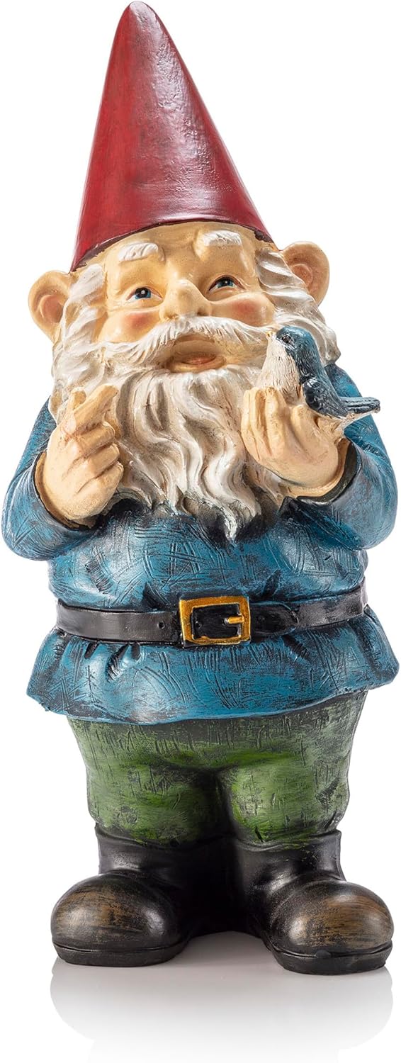 Garden Gnome Statue with Bird Resin Outdoor Yard Decor 30cm