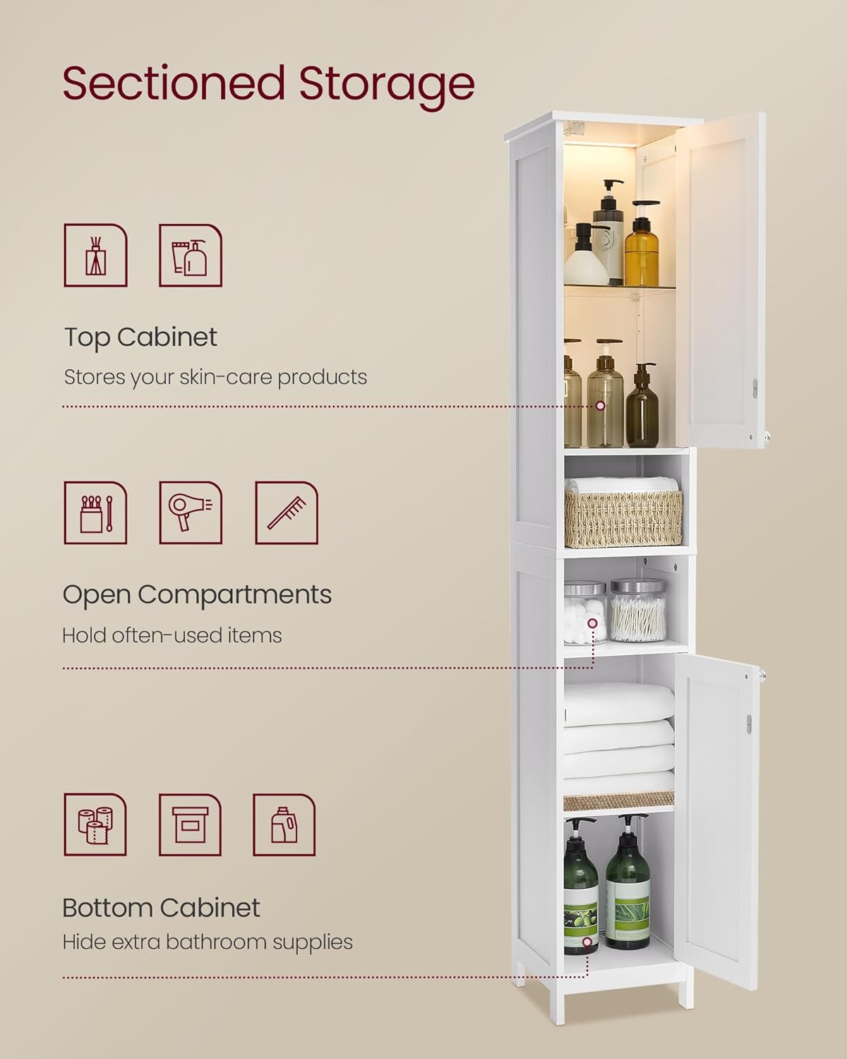 Tall Bathroom Cabinet with LED Lights Slim Storage White 170cm