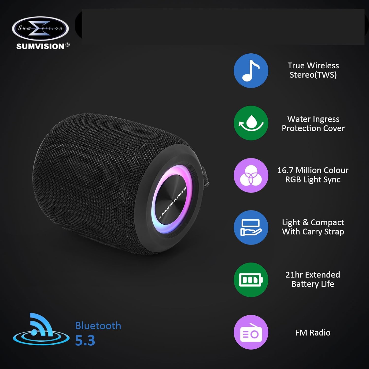 Portable Bluetooth Speaker 16W Stereo RGB Lights 21H Battery TWS