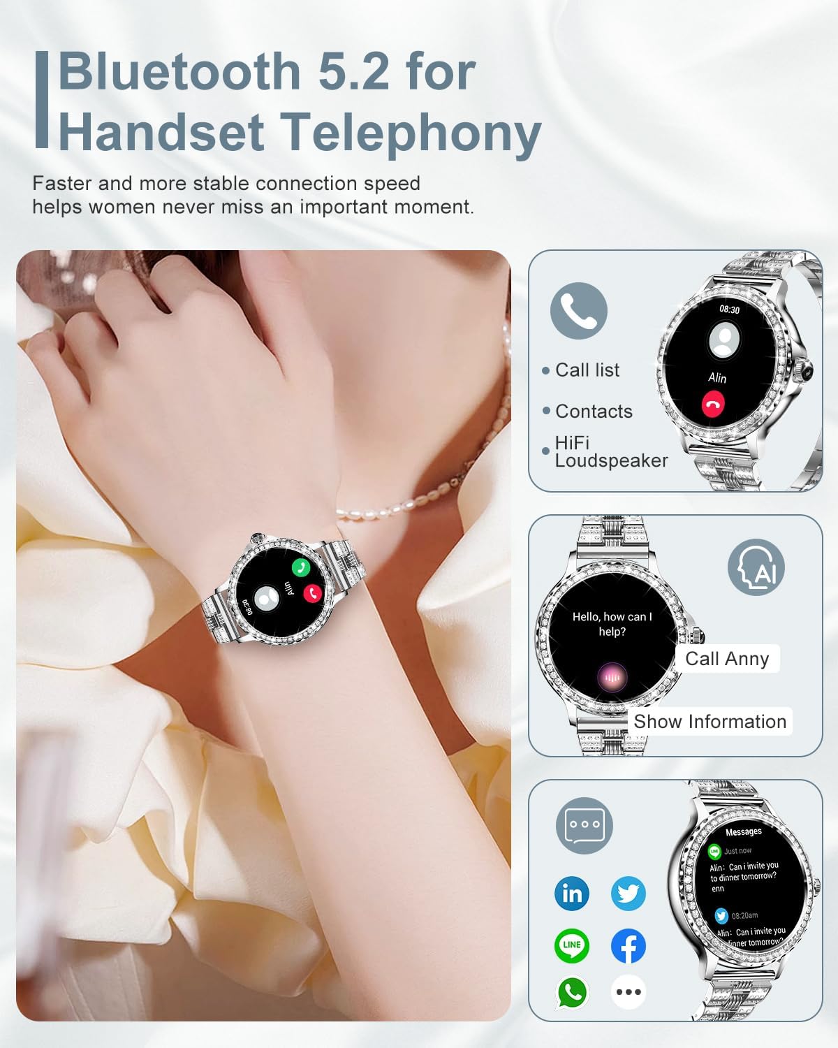 Diamond Ladies Smart Watch Bluetooth Call Heart Rate Tracker