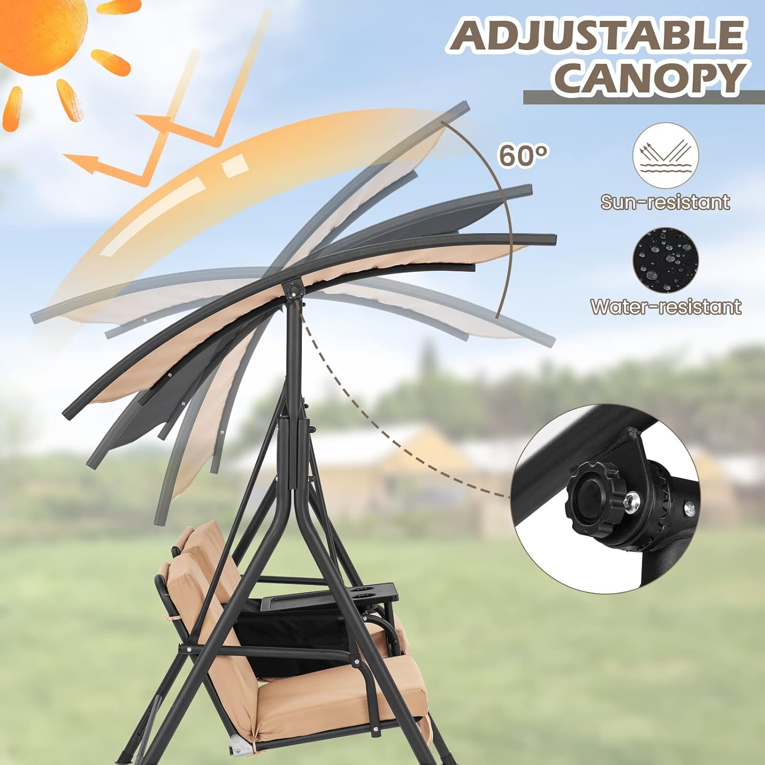 Beige 2 Seater Swing Chair with Canopy Cooler Tray