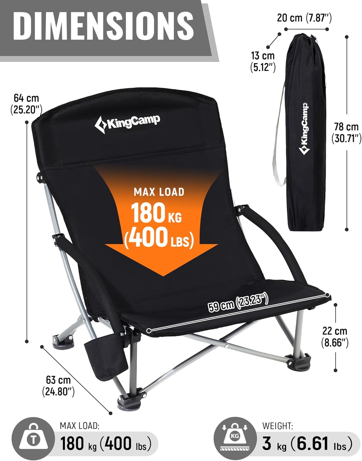 2 Pack Black Low Folding Beach Chairs Heavy Duty Seats