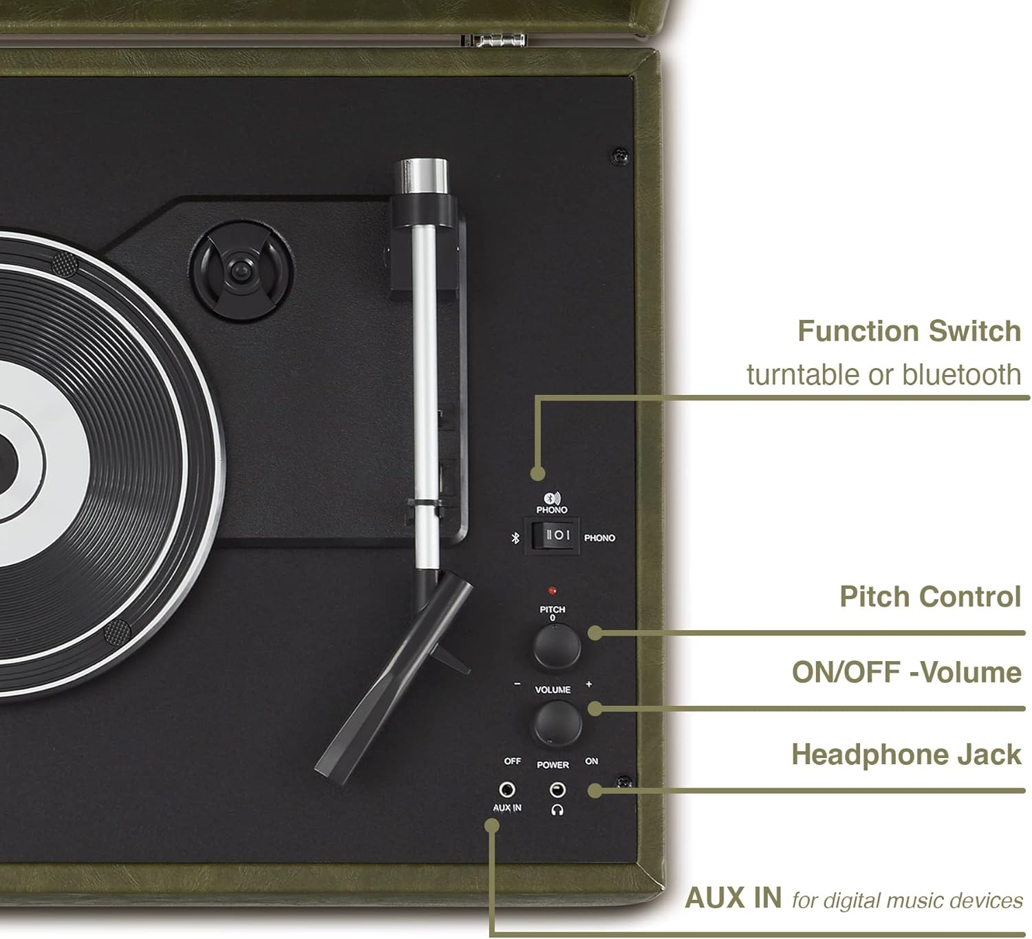Portable Bluetooth Record Player 3 Speed Suitcase Green