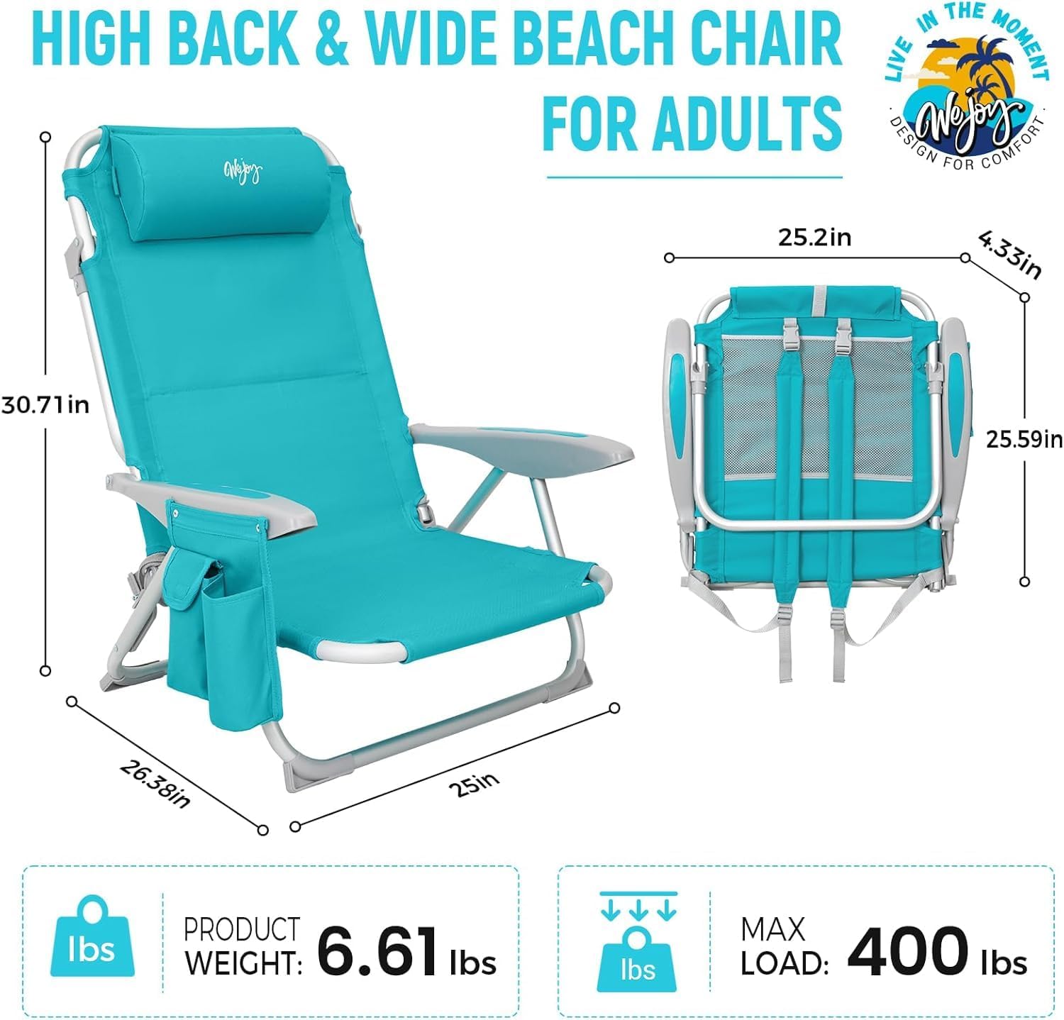 2 Pack Cyan Adjustable Beach Chairs Folding Reclining Seats