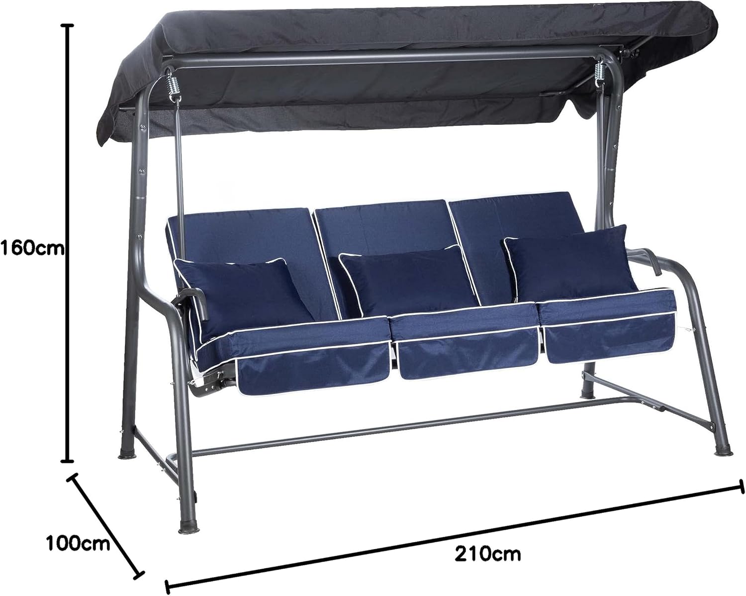 3 Seater Reclining Garden Swing Bed Navy Canopy Cushions 250kg