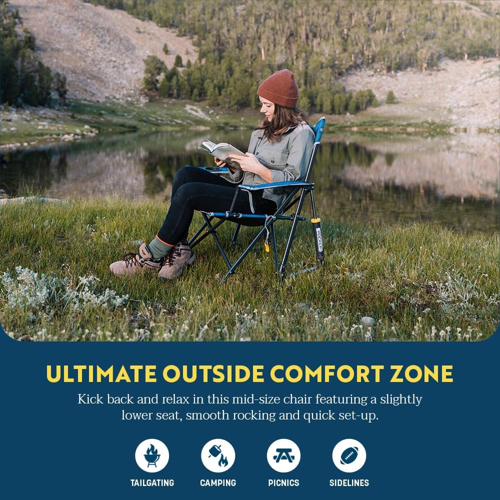 Portable Folding Rocking Camping Chair with Drink Holder Blue