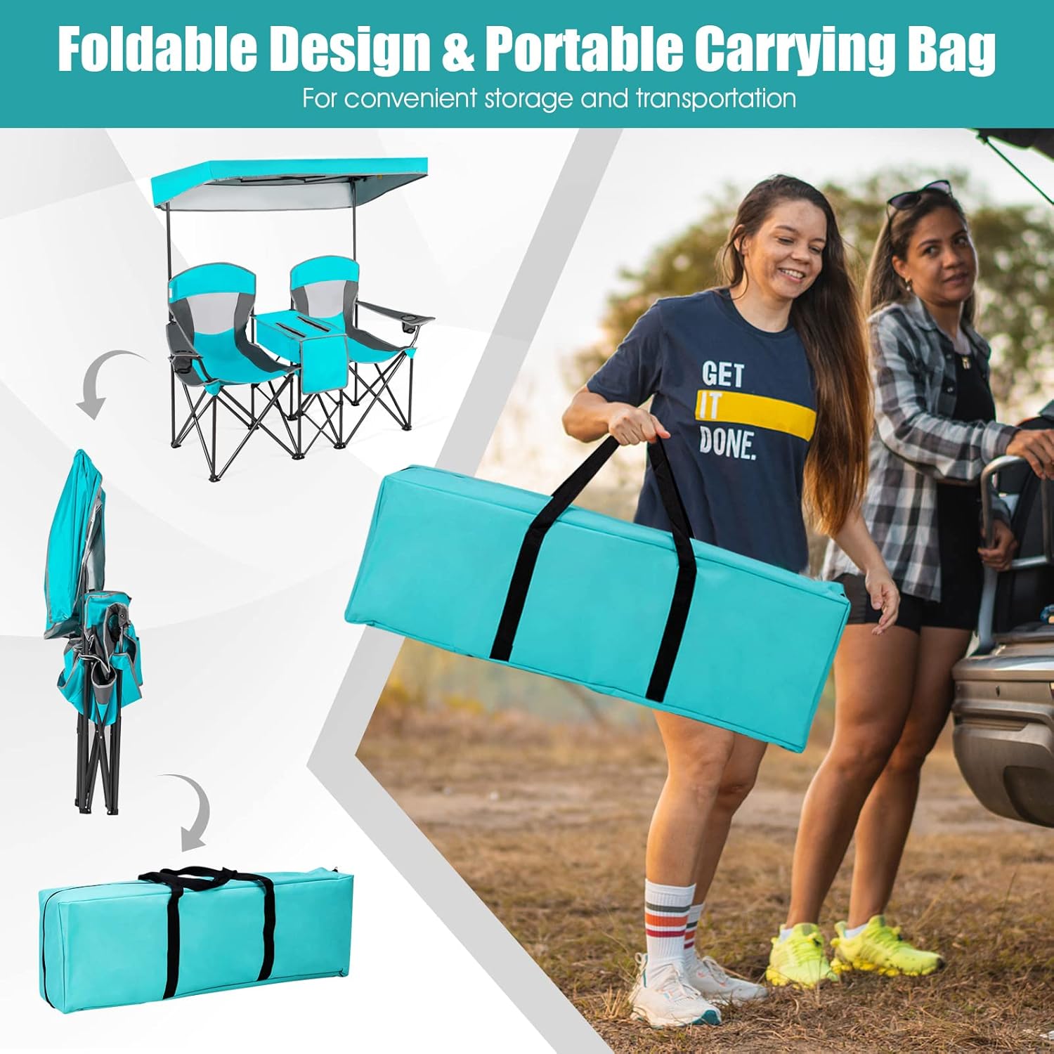 Double Camping Chair with Canopy Cooler Bag Cup Holders