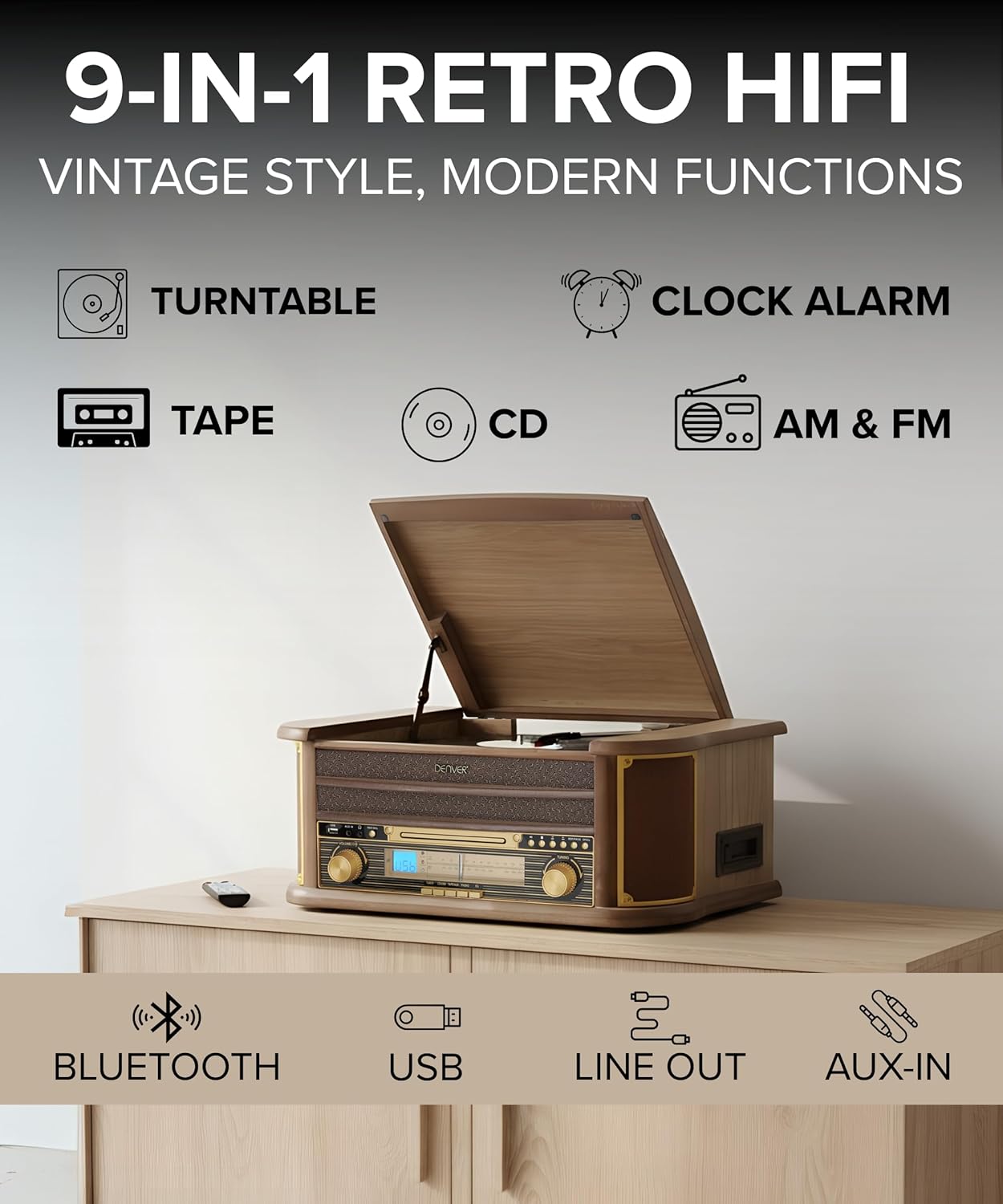 9 in 1 Retro Wooden Record Player CD Cassette Bluetooth System
