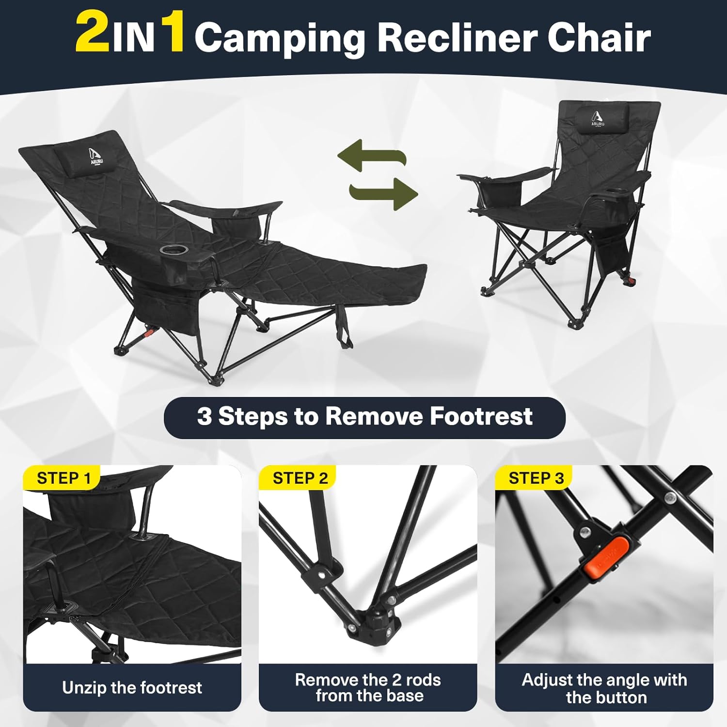 Set of 2 Reclining Camping Chairs with Footrest 300lb