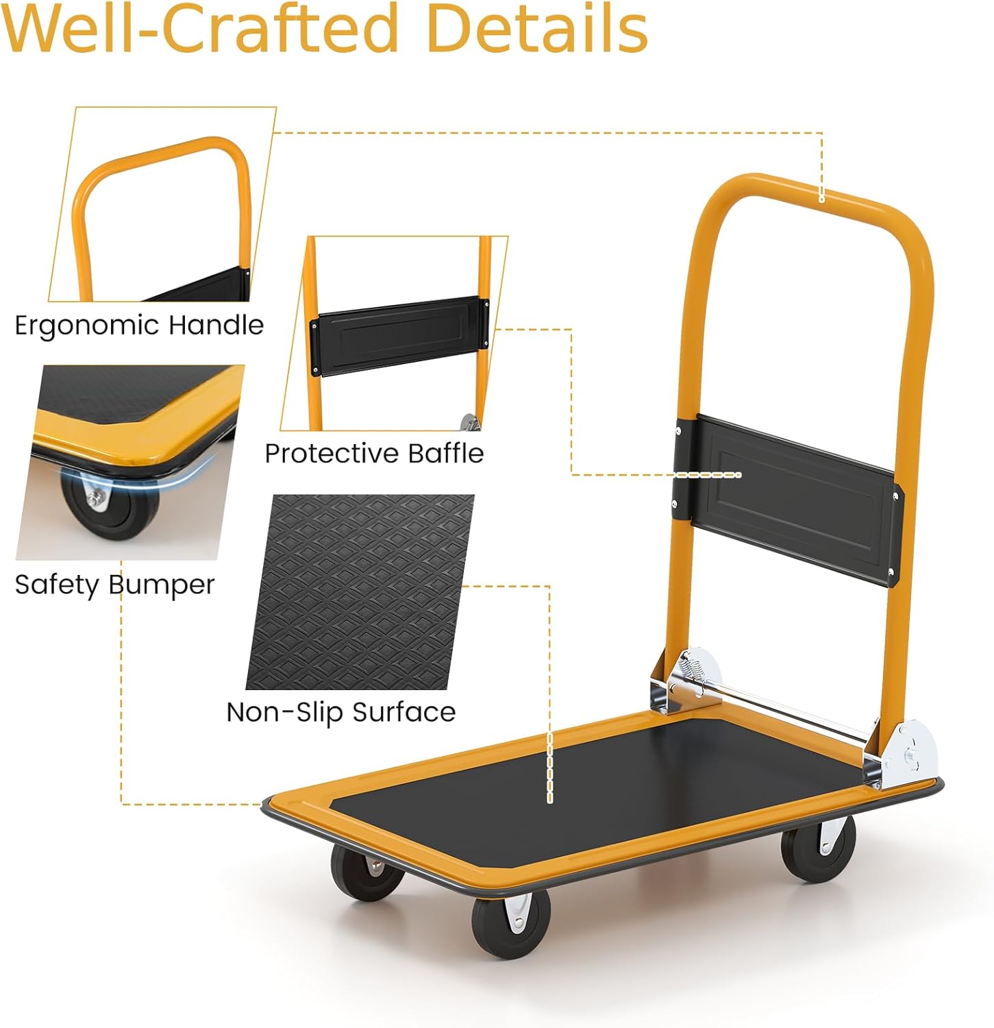 Folding Push Cart Dolly 150KG Flatbed Trolley Black Yellow