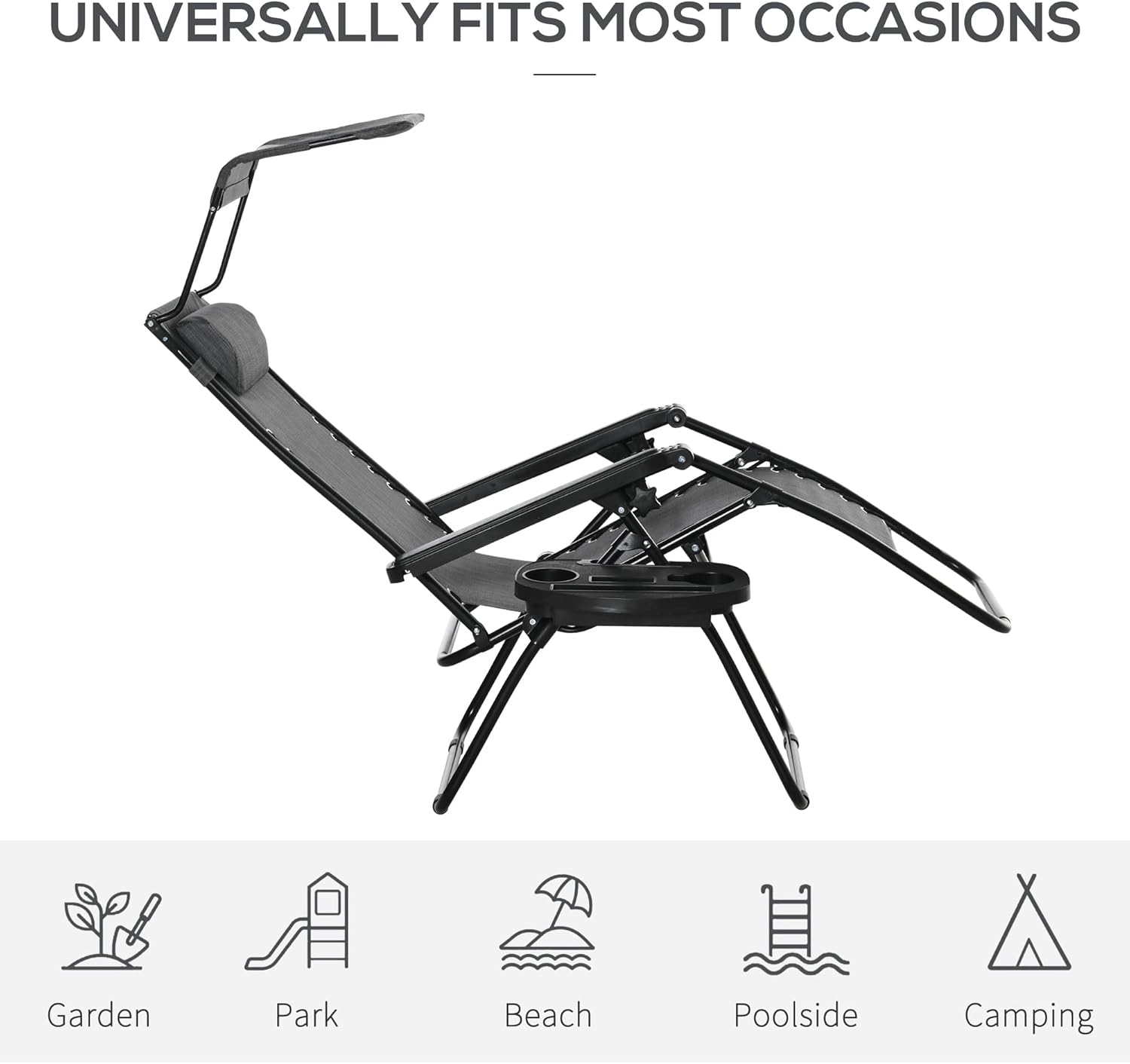 2 Foldable Zero Gravity Sun Lounger Chairs with Canopy Grey