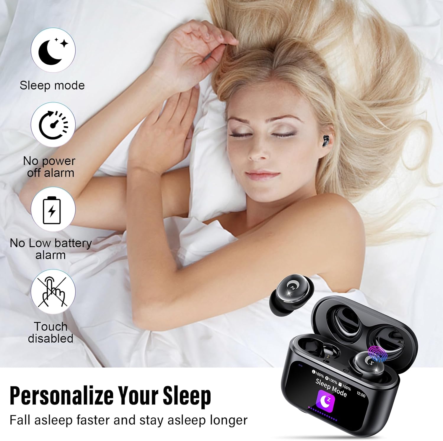 Wireless Bluetooth Sleep Earbuds Touch Screen 48 Hour Battery