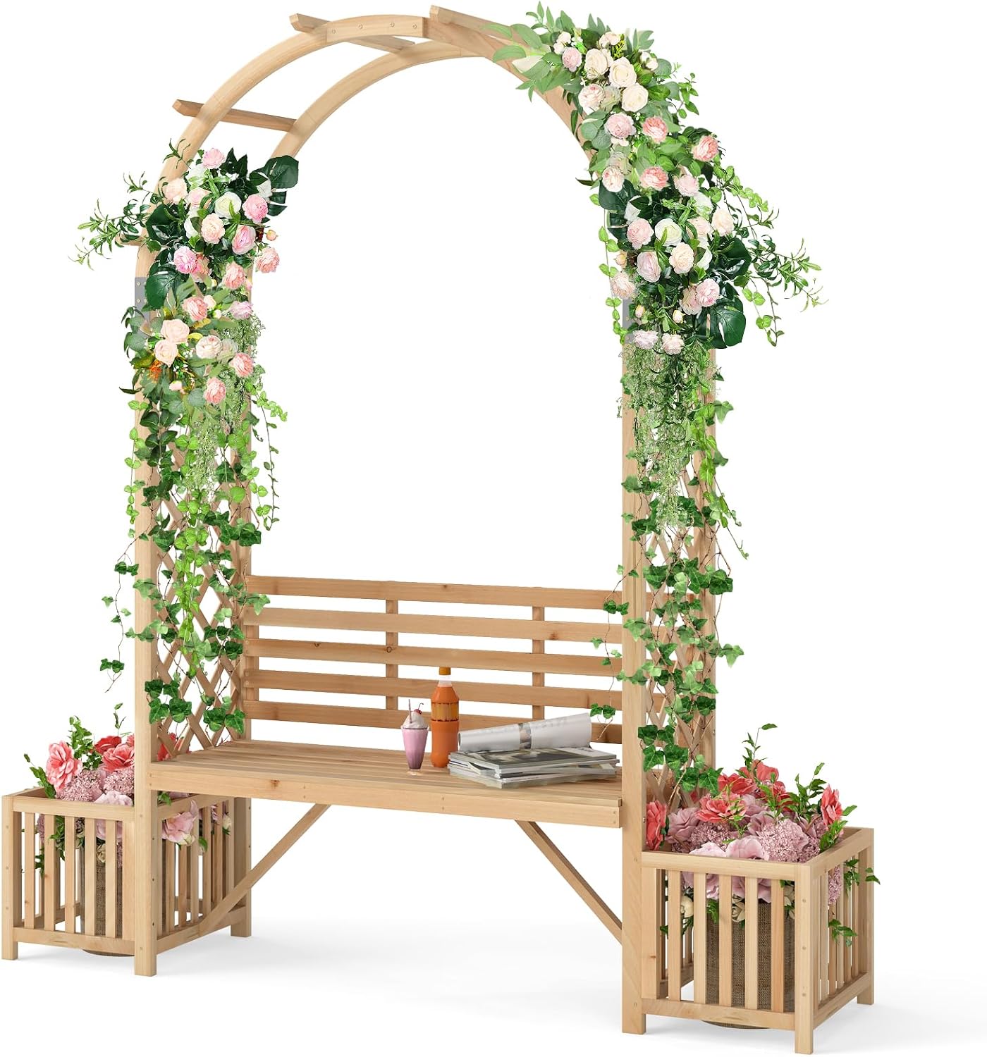 Wooden Garden Arch with Bench & Planters Trellis Pergola Seat