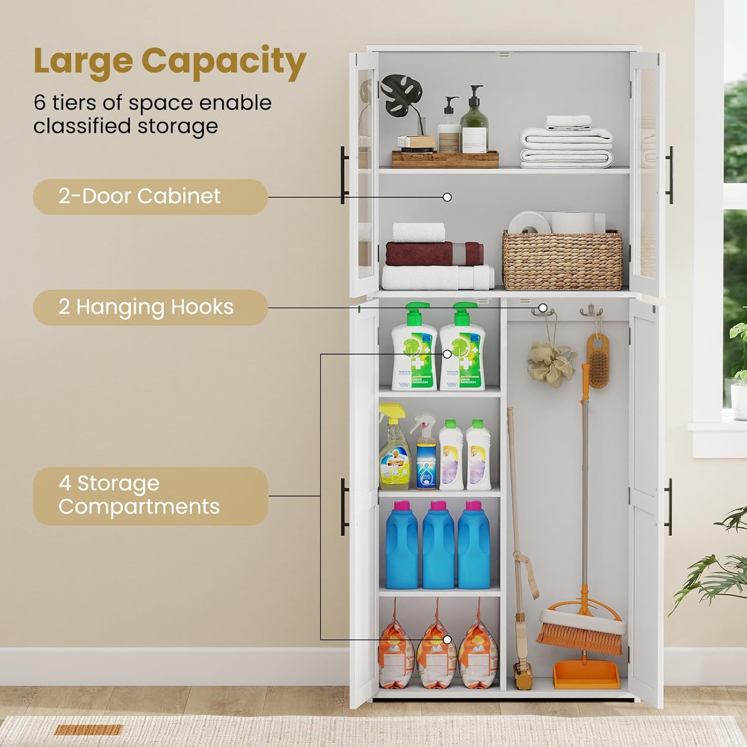Tall Storage Cabinet White Glass Door Hook Shelf Unit