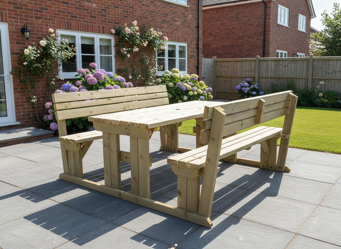 6 Seater Wooden Picnic Table with Backrest Garden Patio Set