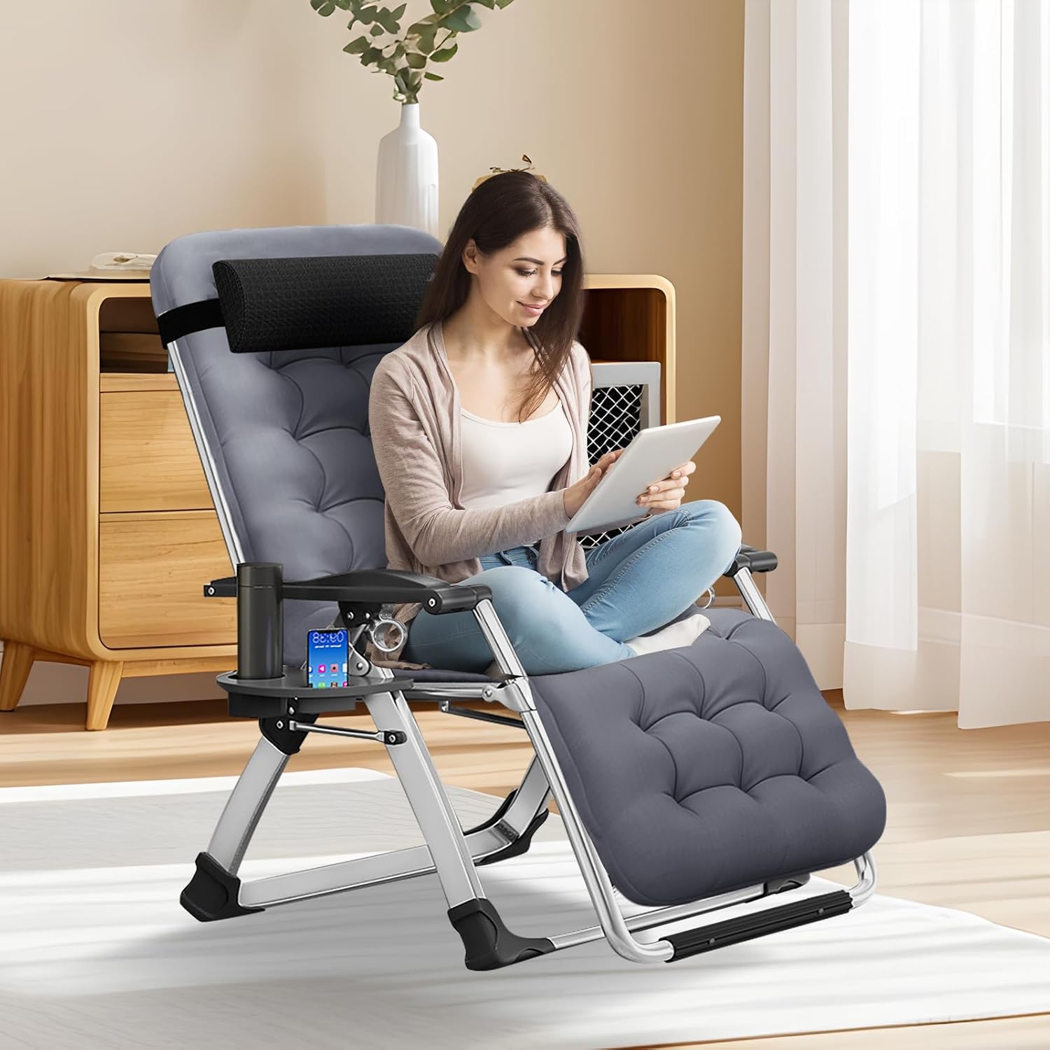 Zero Gravity Folding Recliner Chair Grey 200KG Cushion