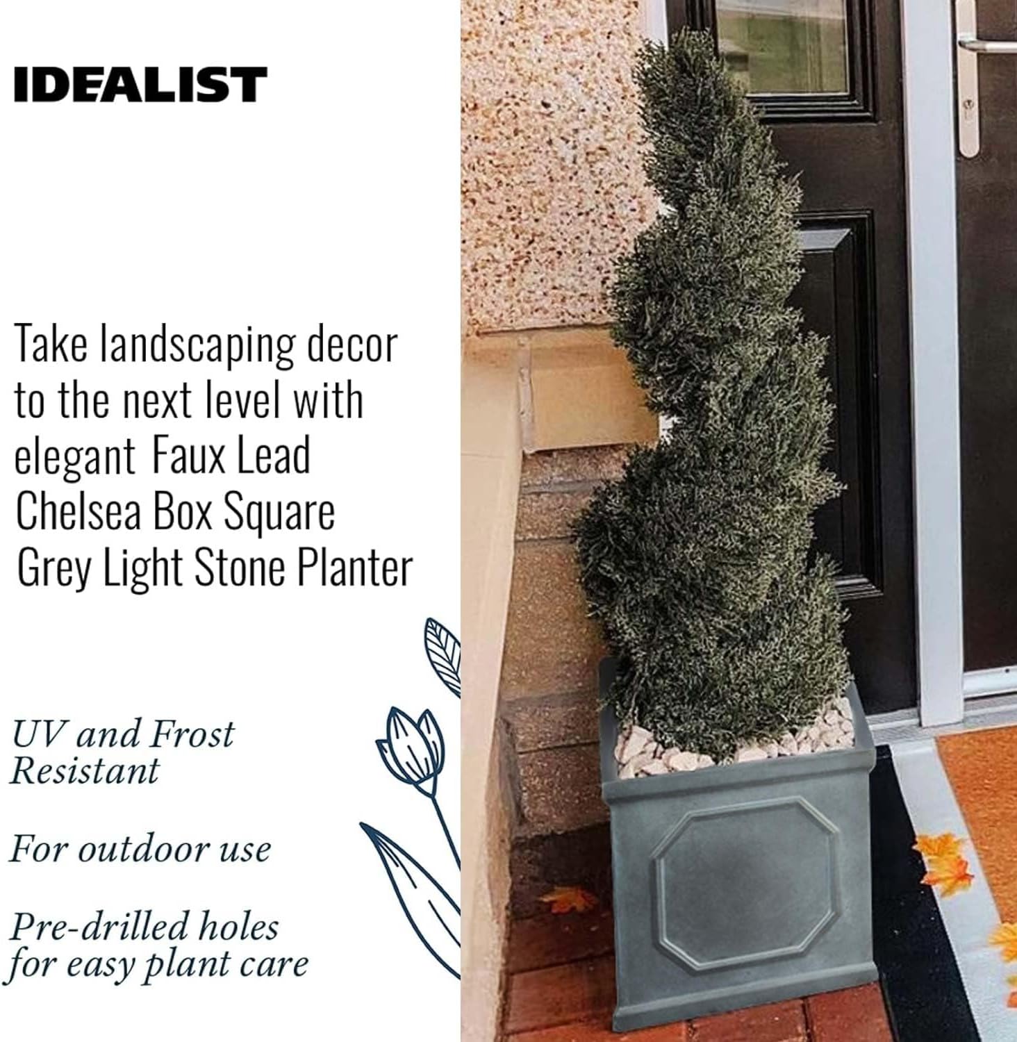 30cm Square Planter Faux Lead Grey Garden Pot Drainage