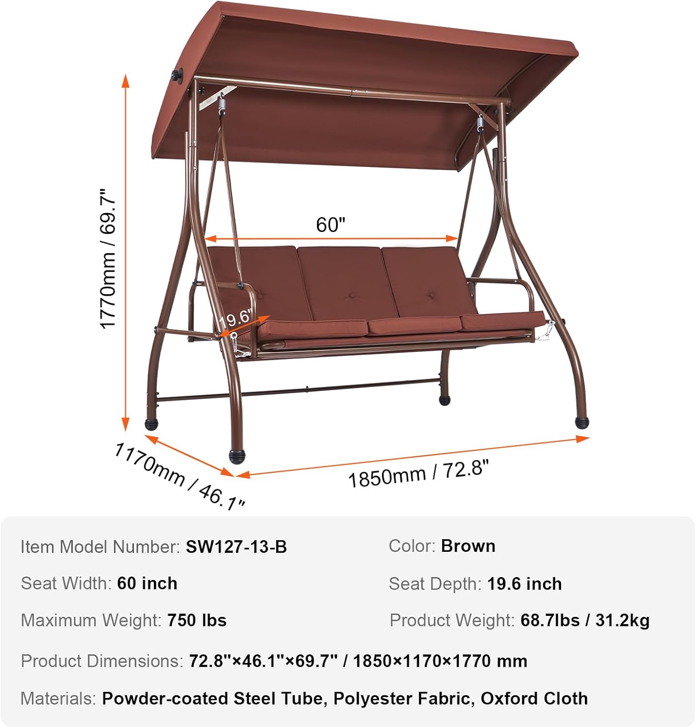 3 Seater Patio Swing Bed Brown Canopy Cushions Steel