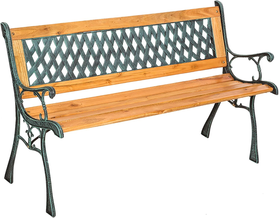 2 Seater Garden Bench Wooden Slats Cast Iron Patio Park Seat